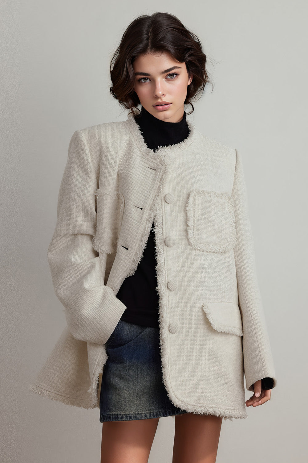 Elegant Tweed Jacket with Fringe - White