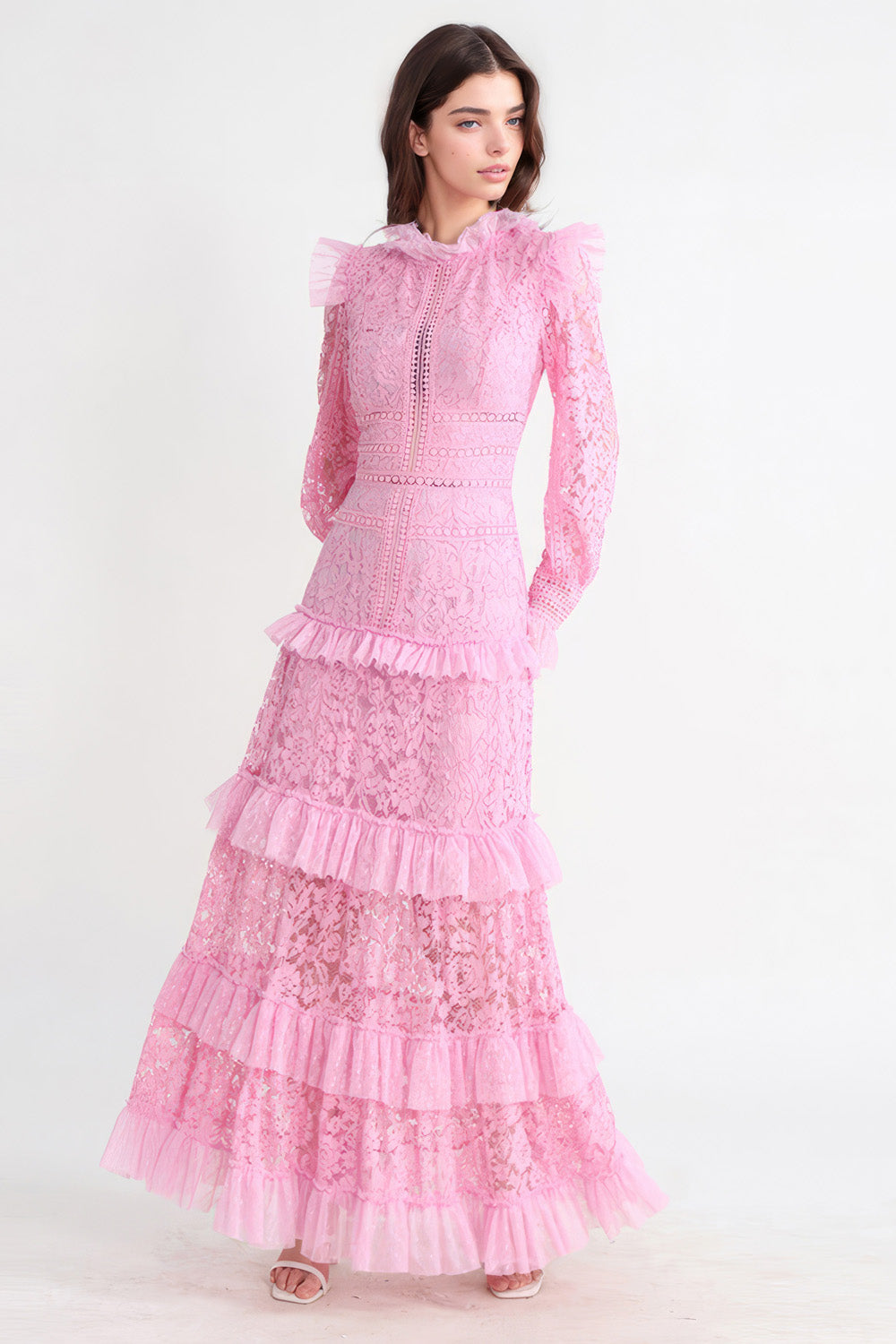 Textured Maxi Dress with Long Sleeves - Pink