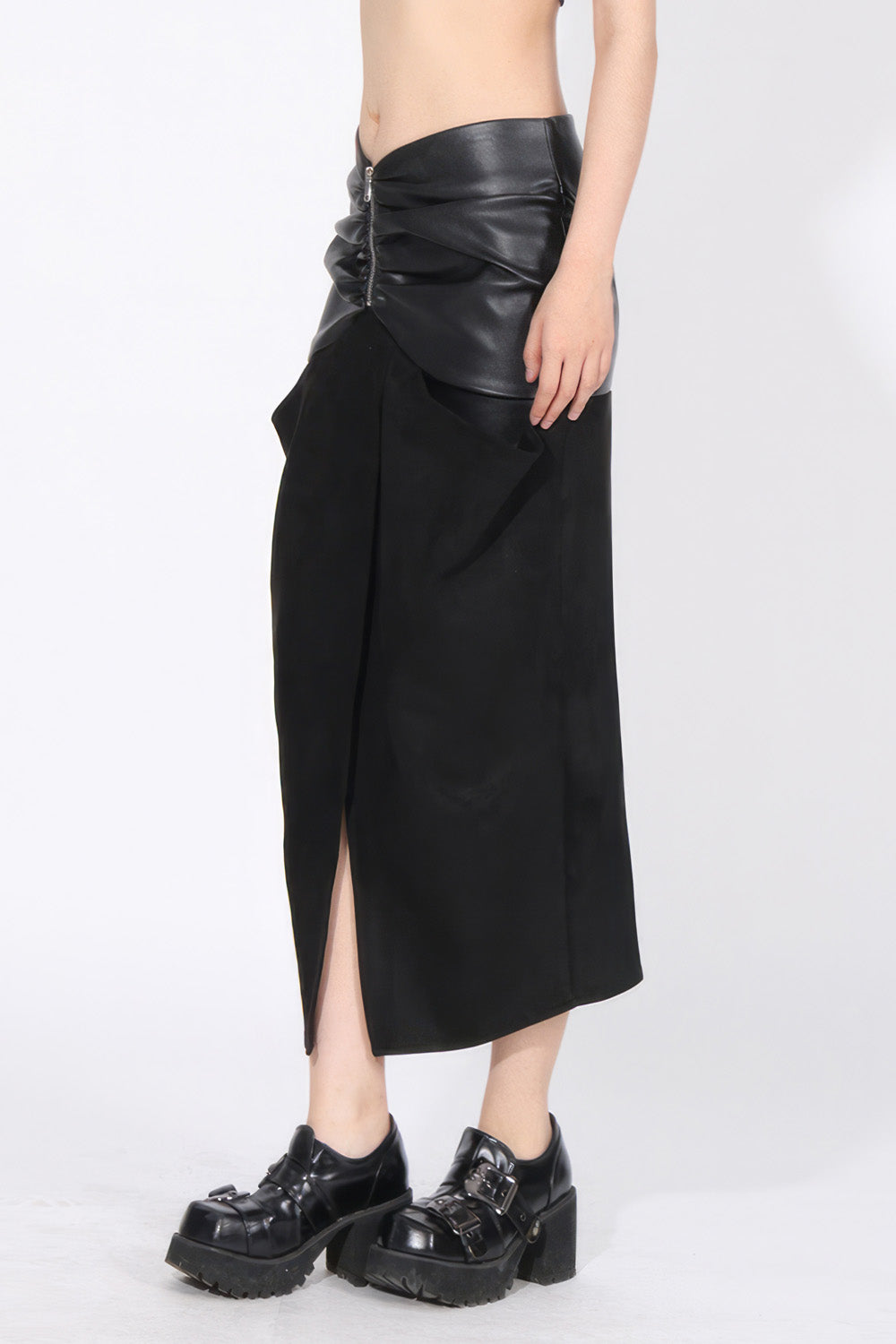 Ruched Midi Skirt with Leather Detail - Black