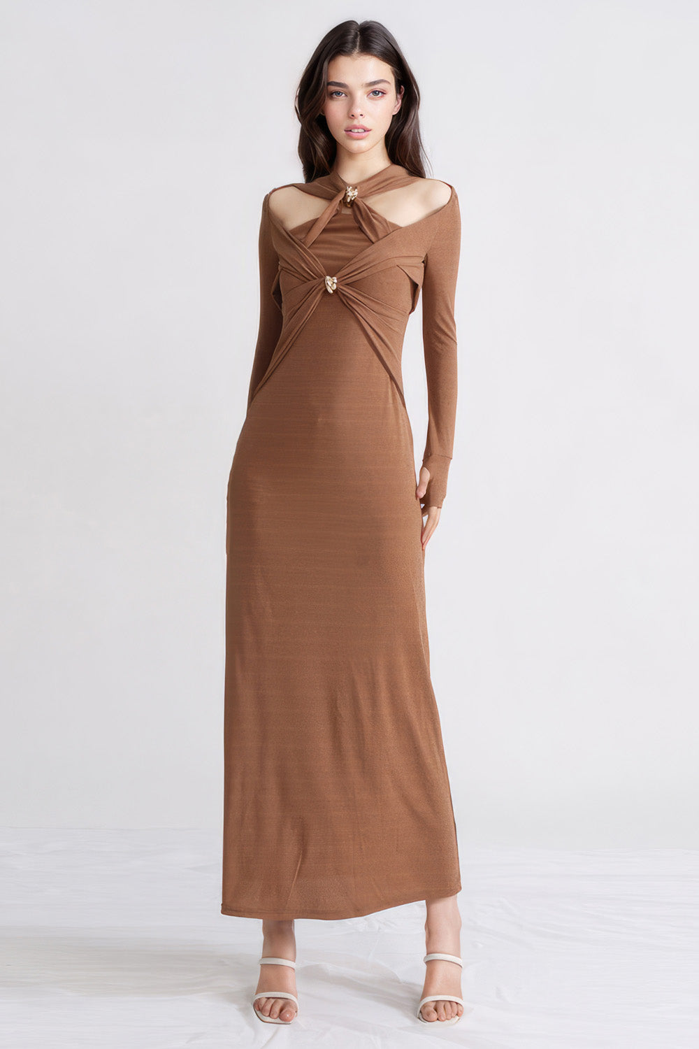 Elegant Maxi Dress with Long Sleeves - Brown