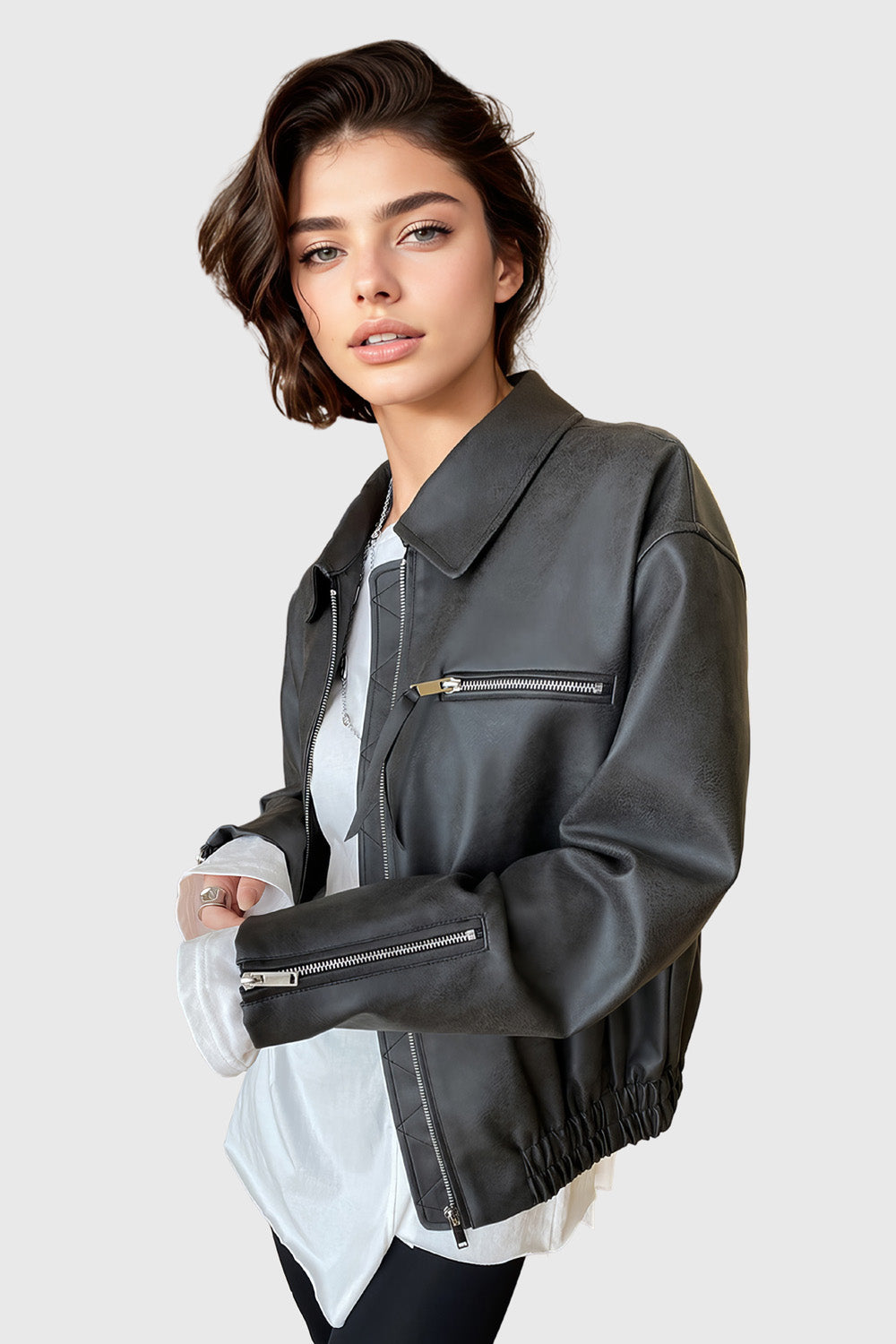 Minimal Leather Jacket with Zipper - Black