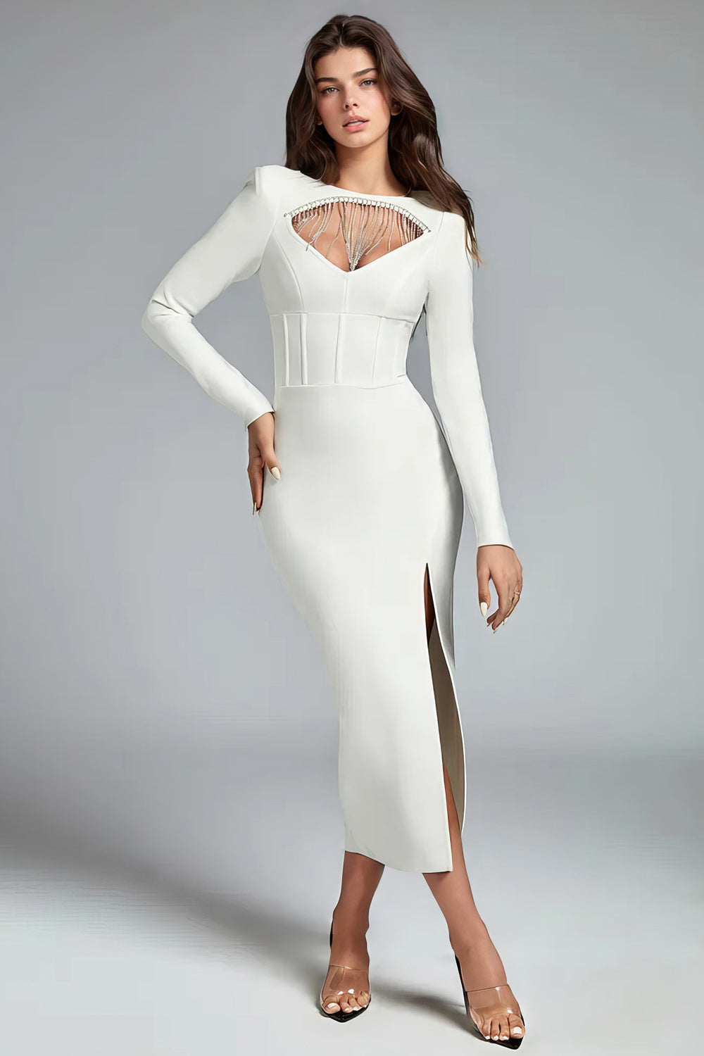 Vestido Midi con Corte y Abertura Delantera - Blanco