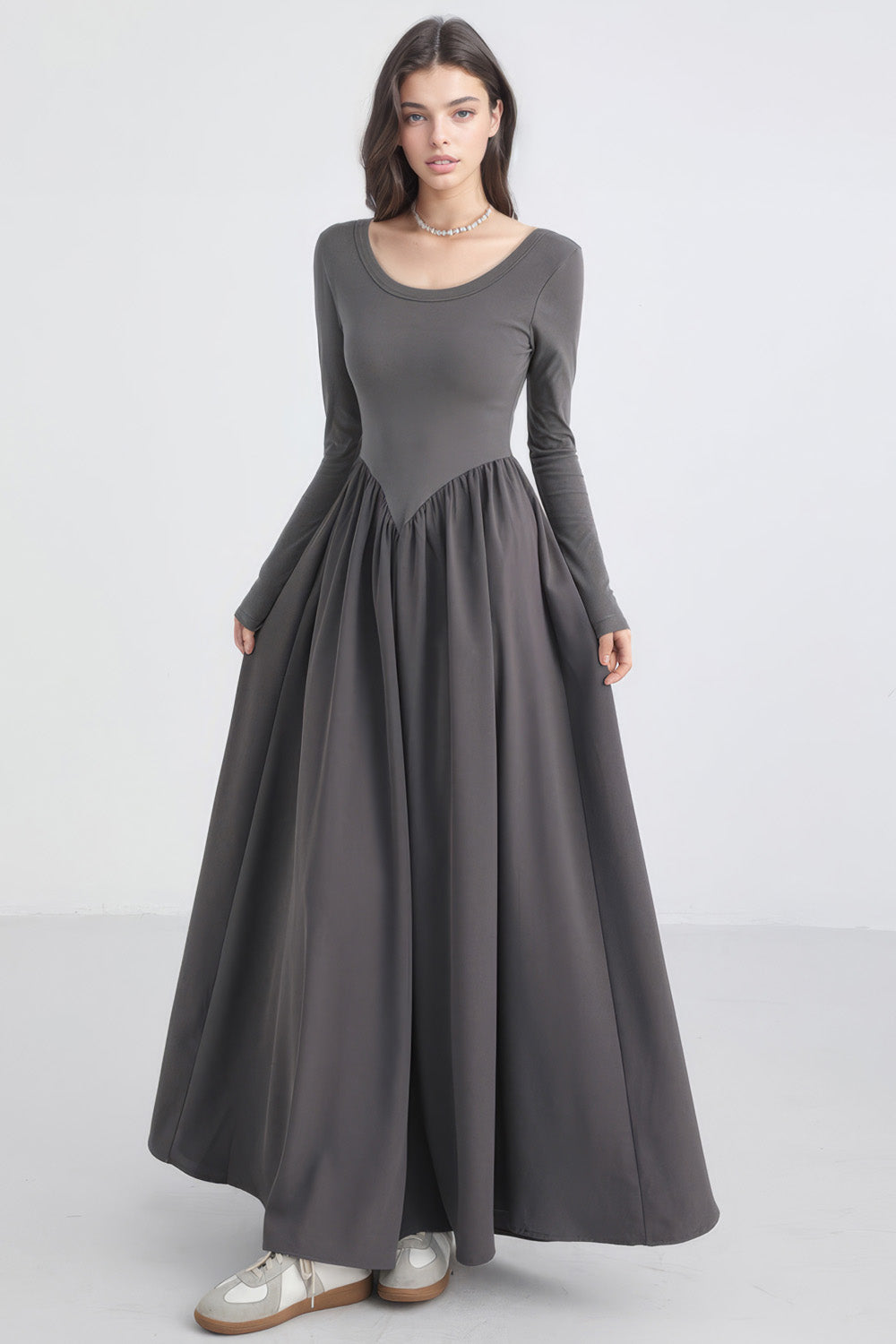 Maxi Dress with V Waistline - Grey