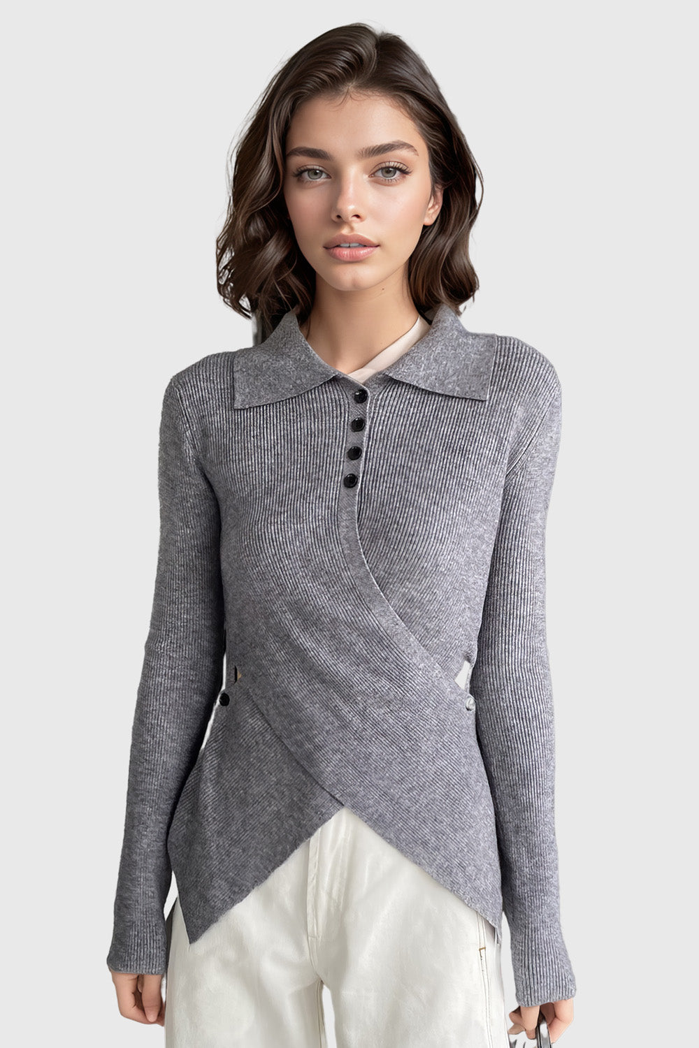 Knitted Top with Collar and Irregular Hem - Grey
