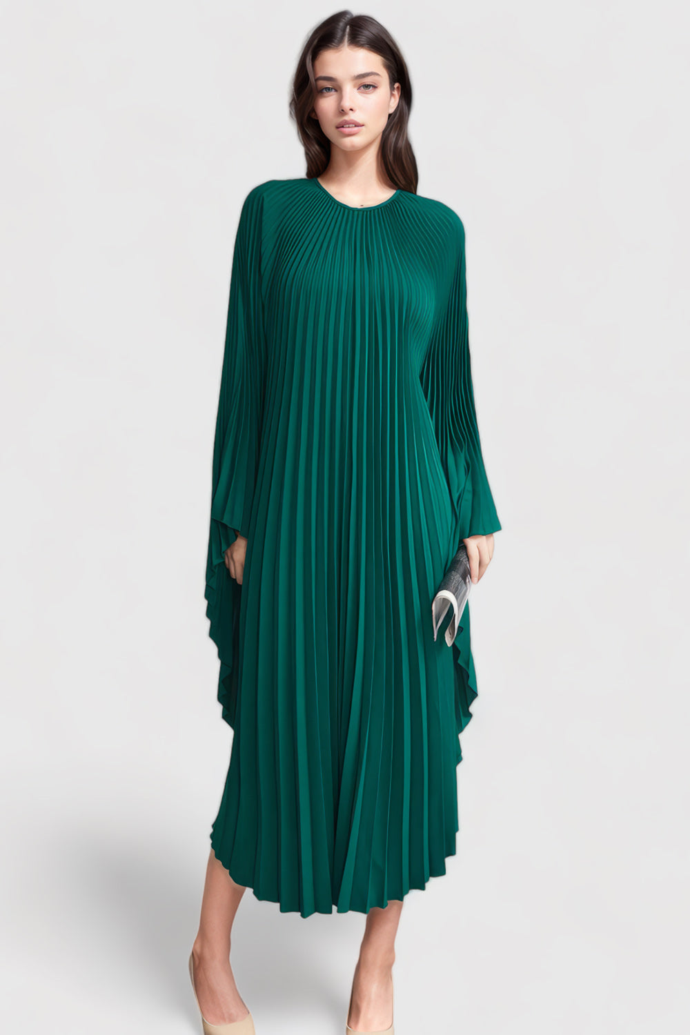 Pleated Maxi Dress with Long Sleeves - Green