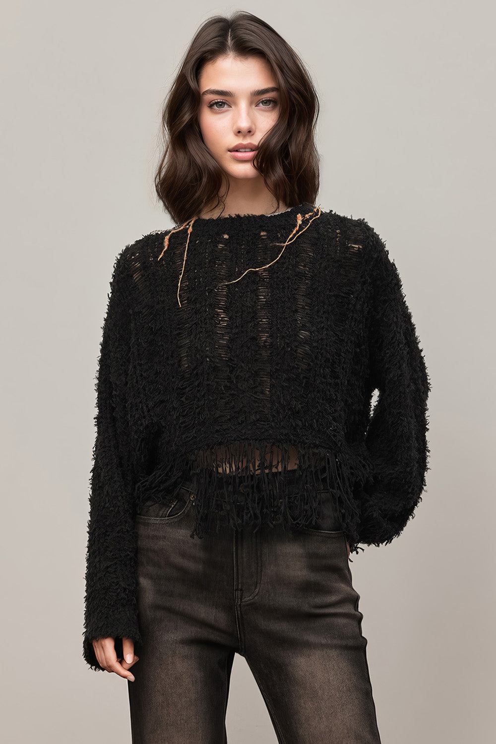 Open-Knit Top with Fringe - Black
