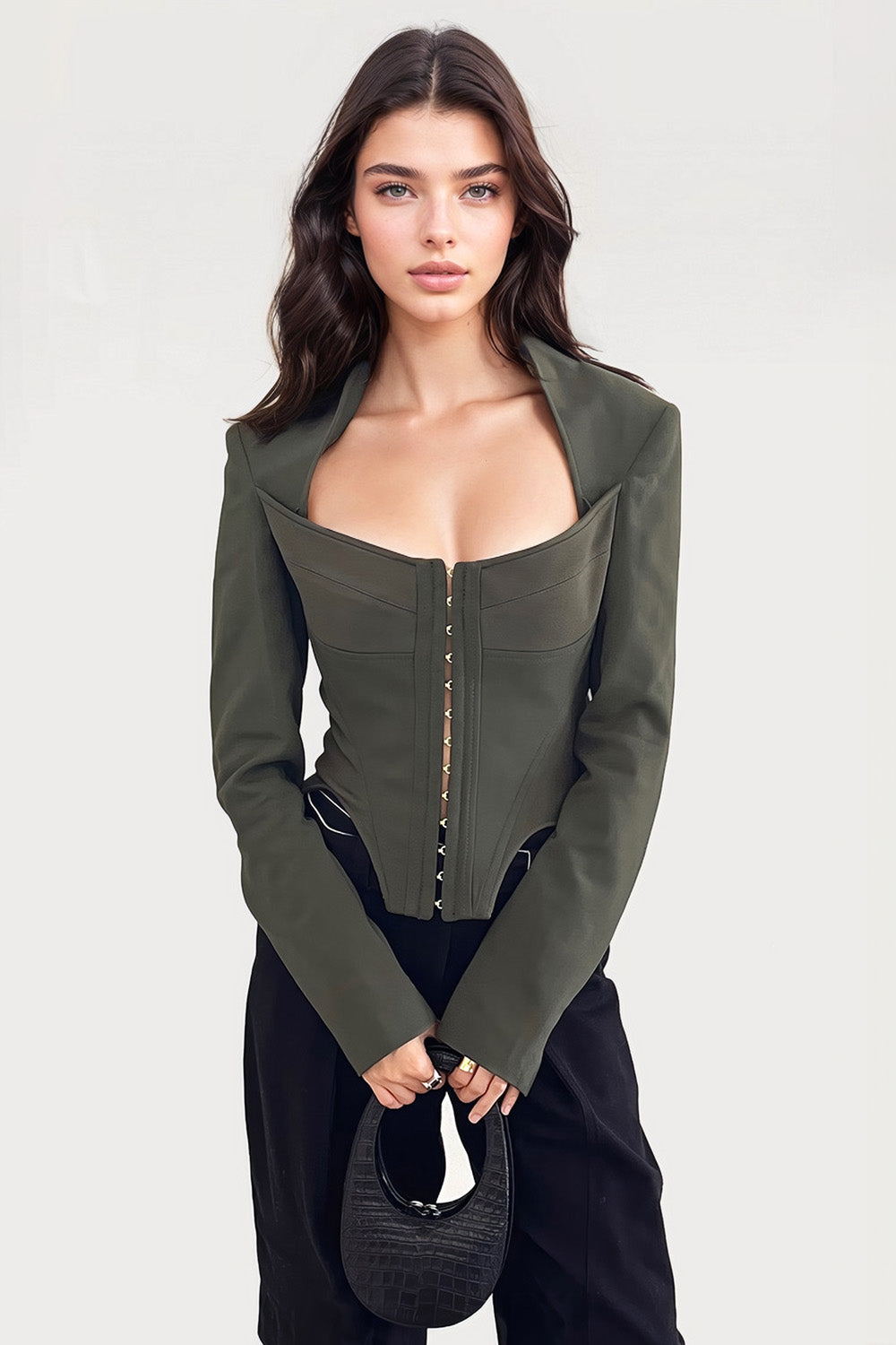 Long Sleeve Top with Square Neckline - Green