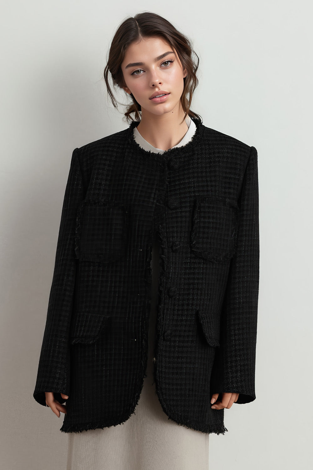 Elegante chaqueta de tweed con flecos - Negra