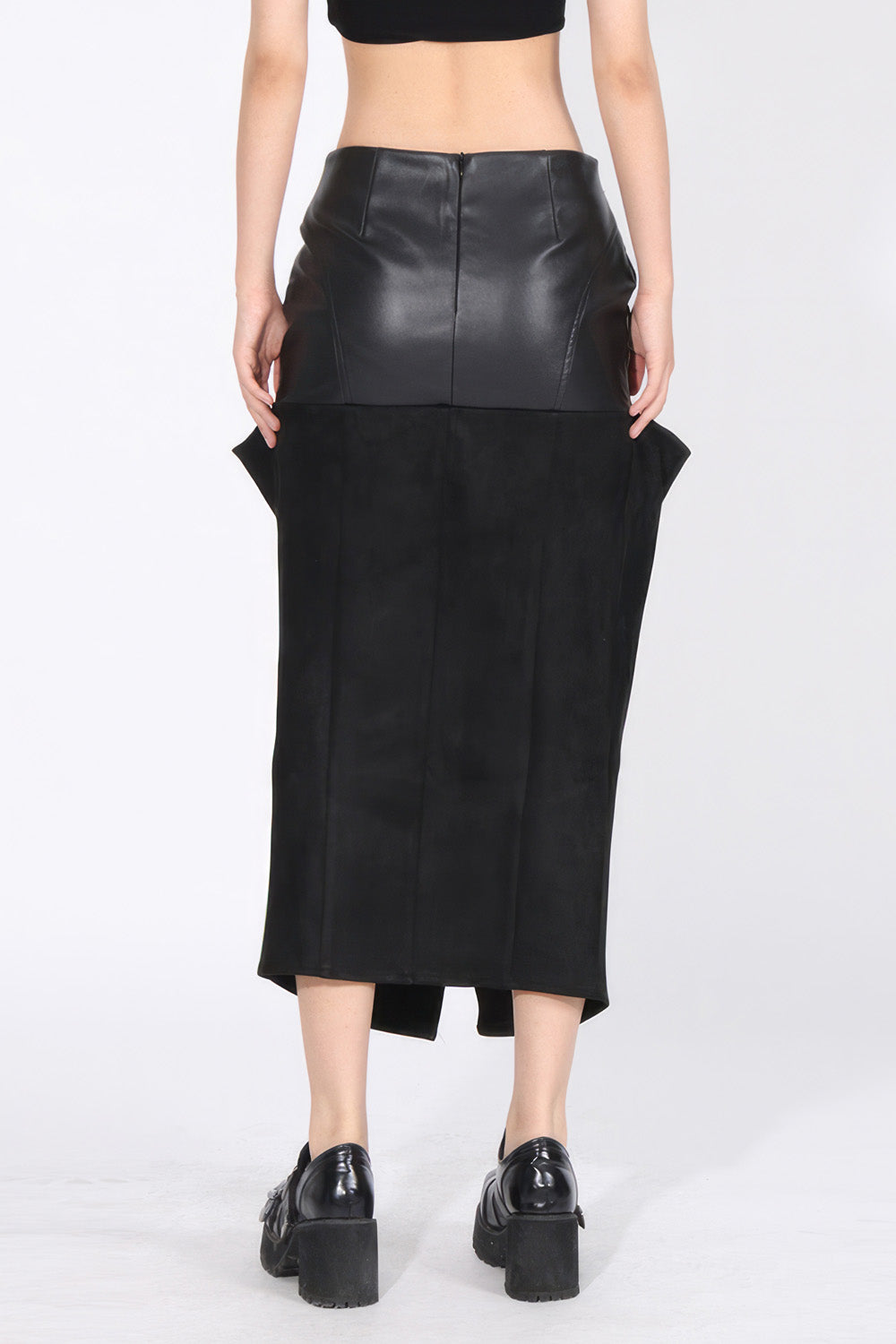 Ruched Midi Skirt with Leather Detail - Black