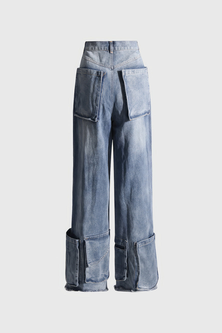 High Waisted Jeans with Pockets at Hem - Blue