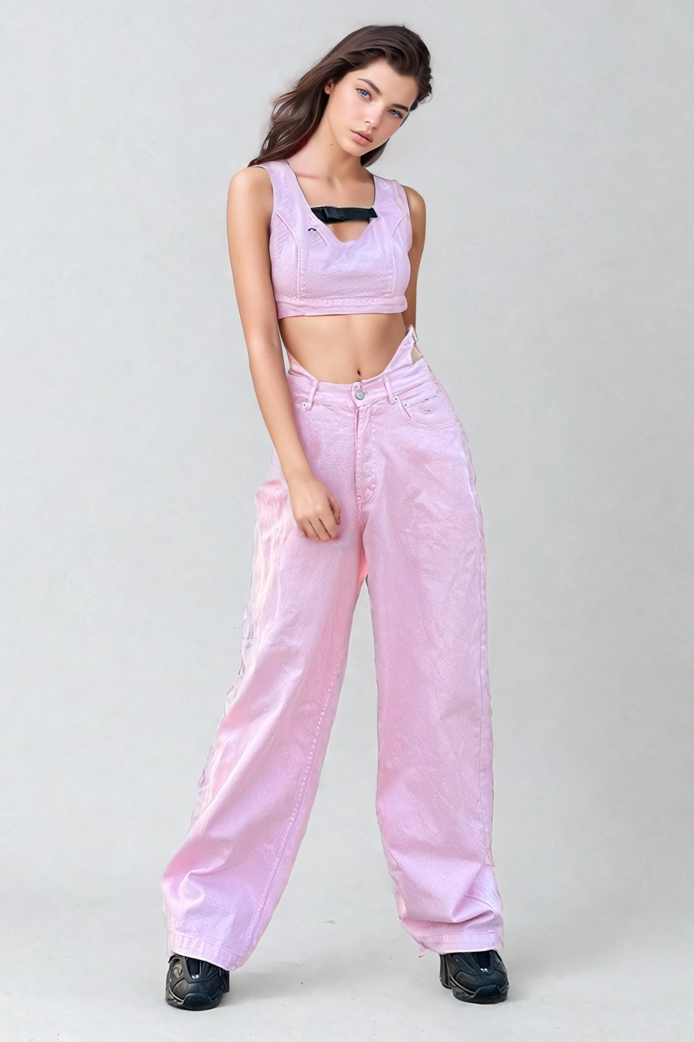 Stylish Belted Waist Denim Jeans - Pink