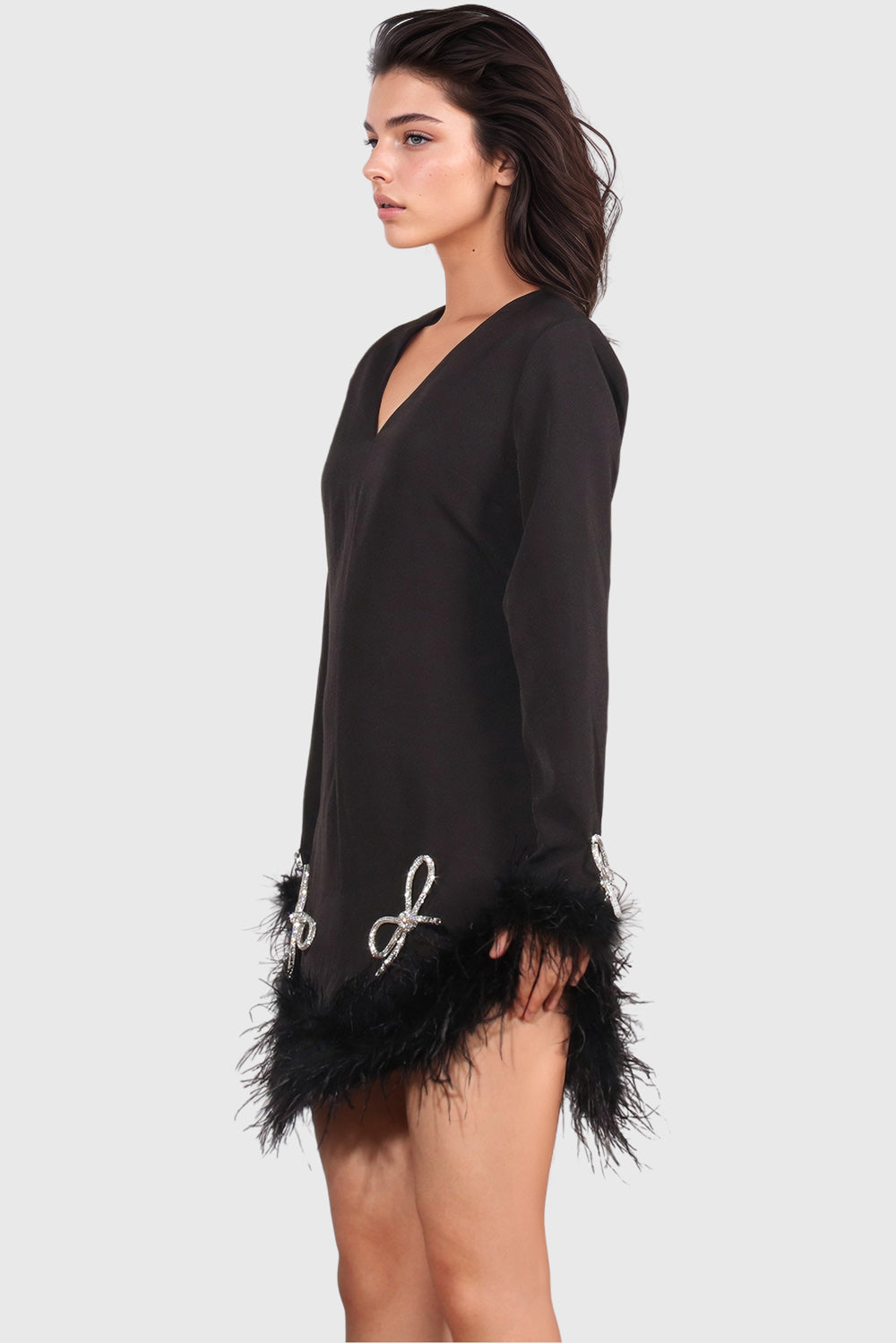 V Neck Mini Dress with Feathers Hem - Black