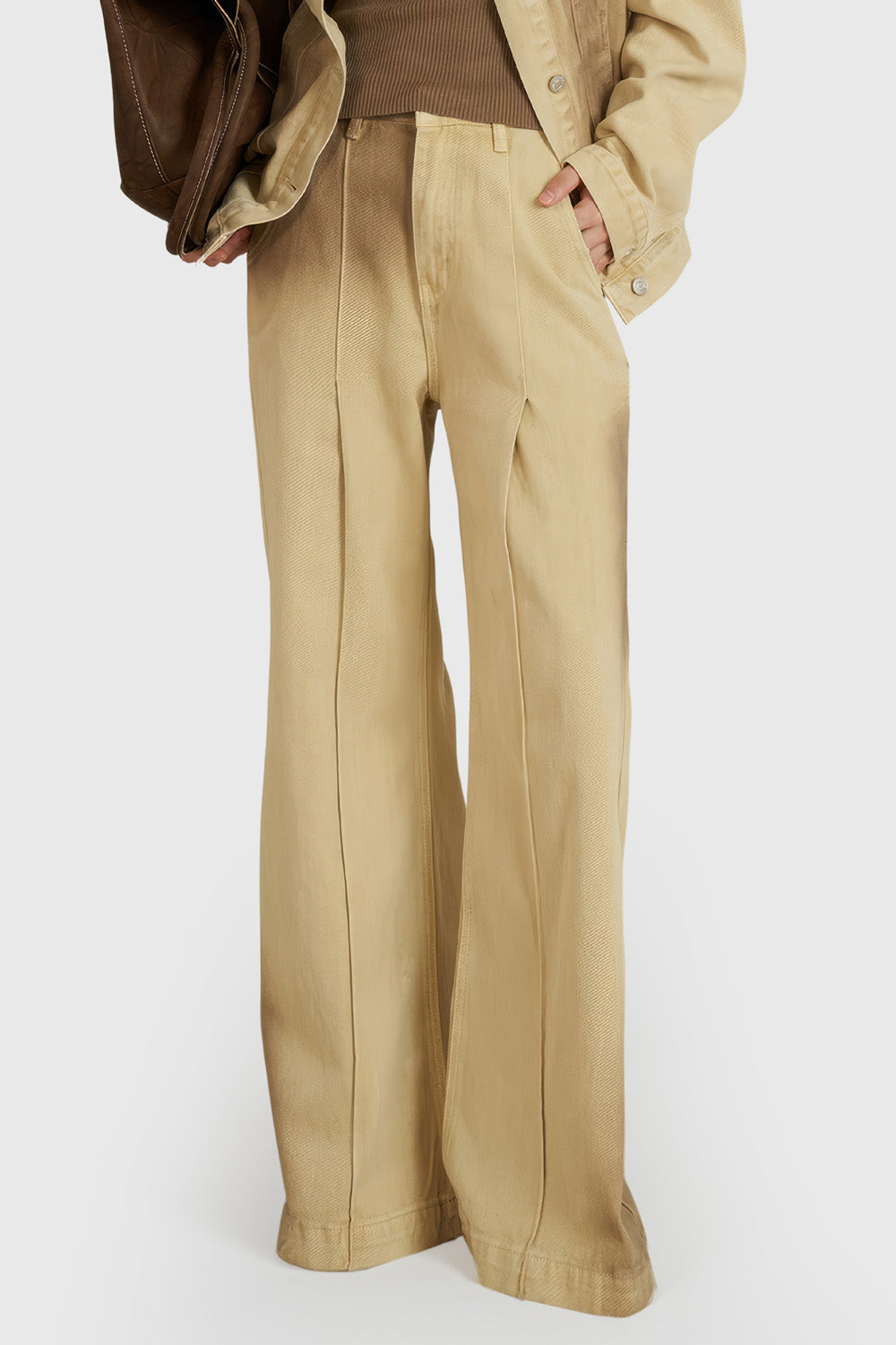Calças de ganga largas de cintura alta com pormenores de costura - Amarelo