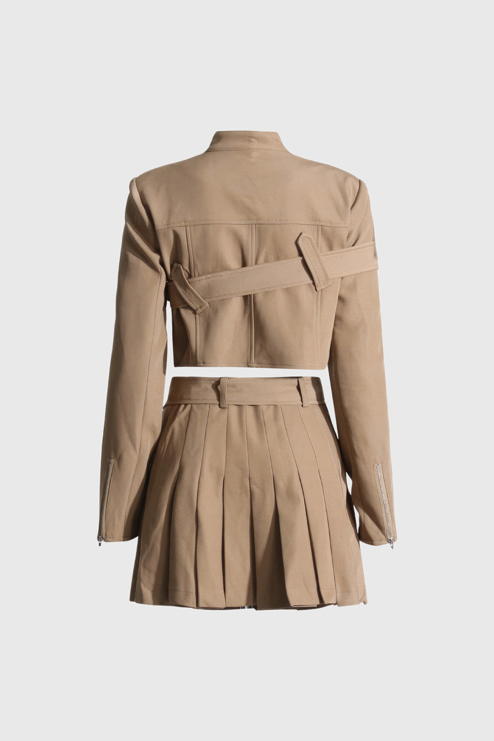 Belted 2-Piece Set with Jacket and Skirt - Brown