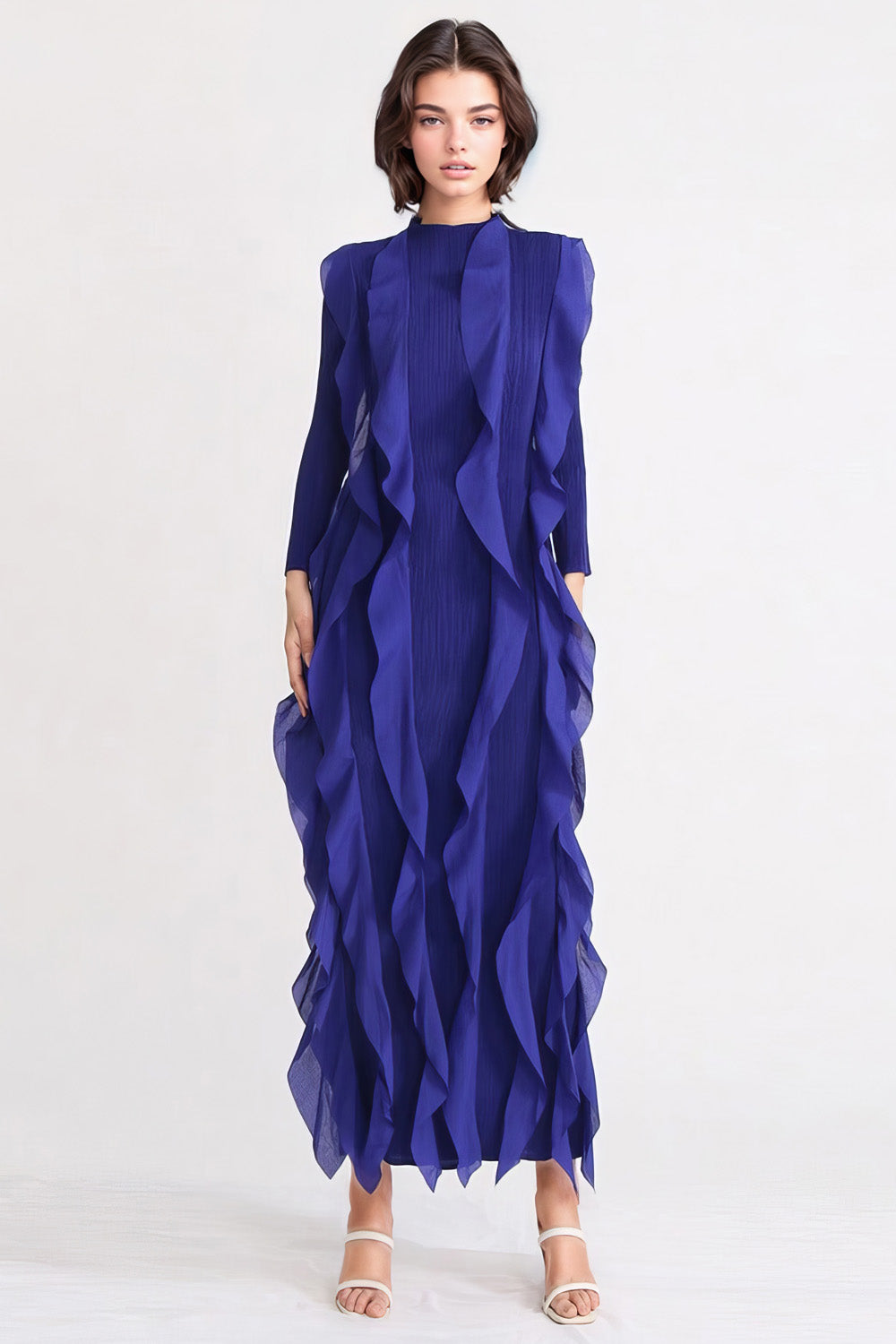 Långärmad klänning med volanger - mörkblå