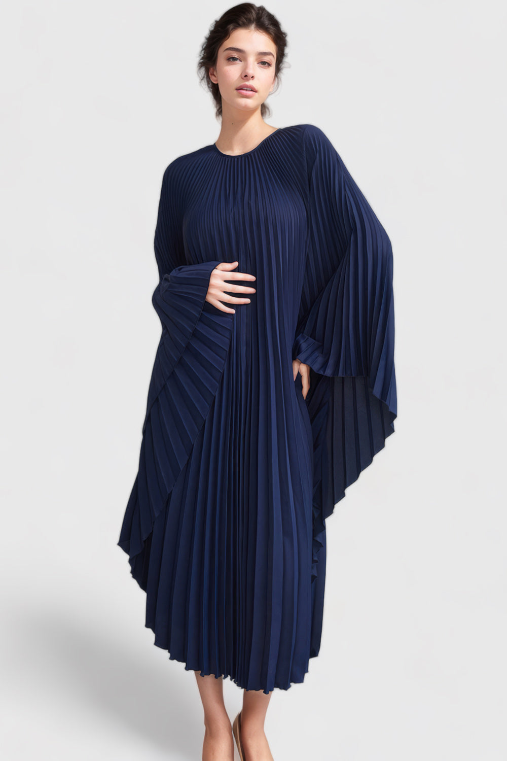 Pleated Maxi Dress with Long Sleeves - Navy