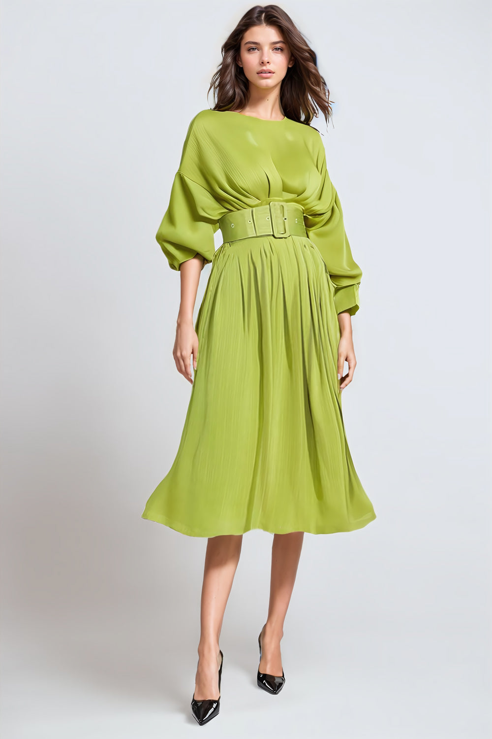 Pleated Midi Dress with Belt - Green