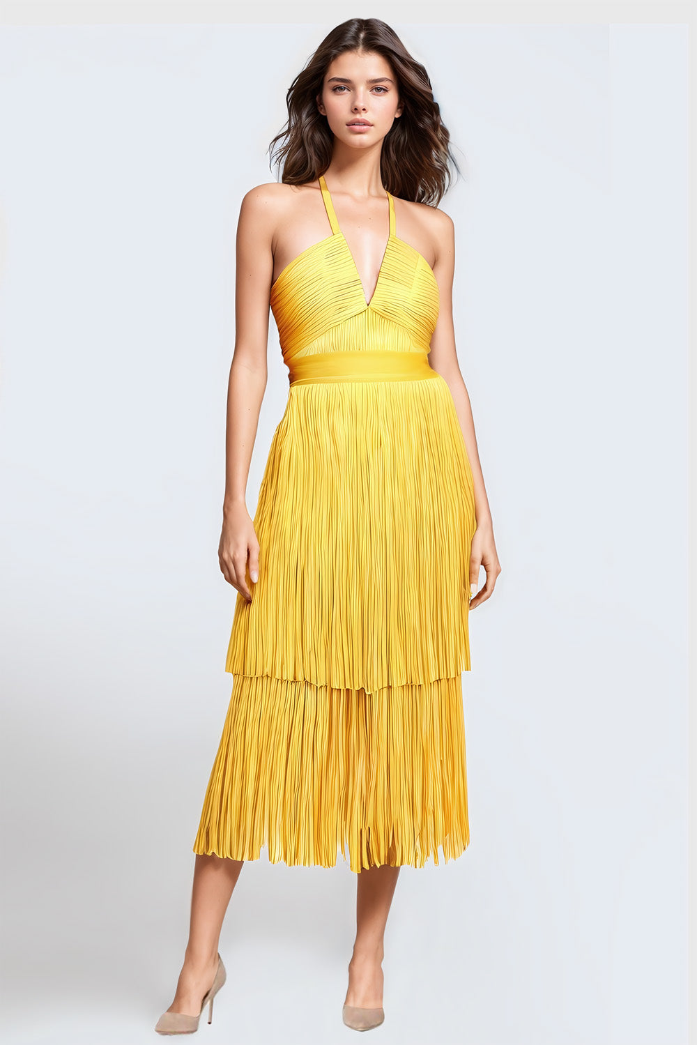 Fringed Midi Dress with V-Neckline - Yellow