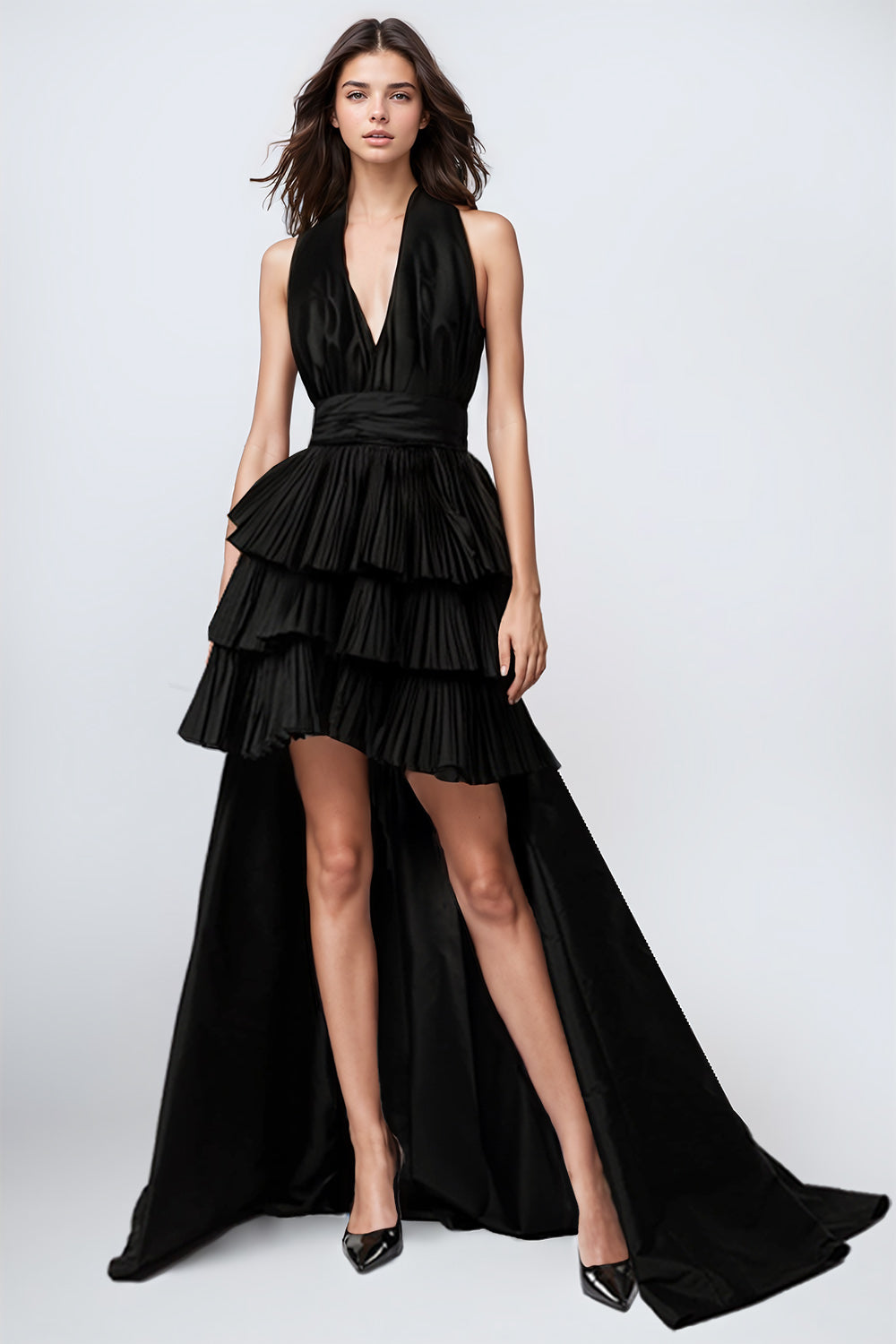 Asymmetrical Tiered Ruffle Dress - Black