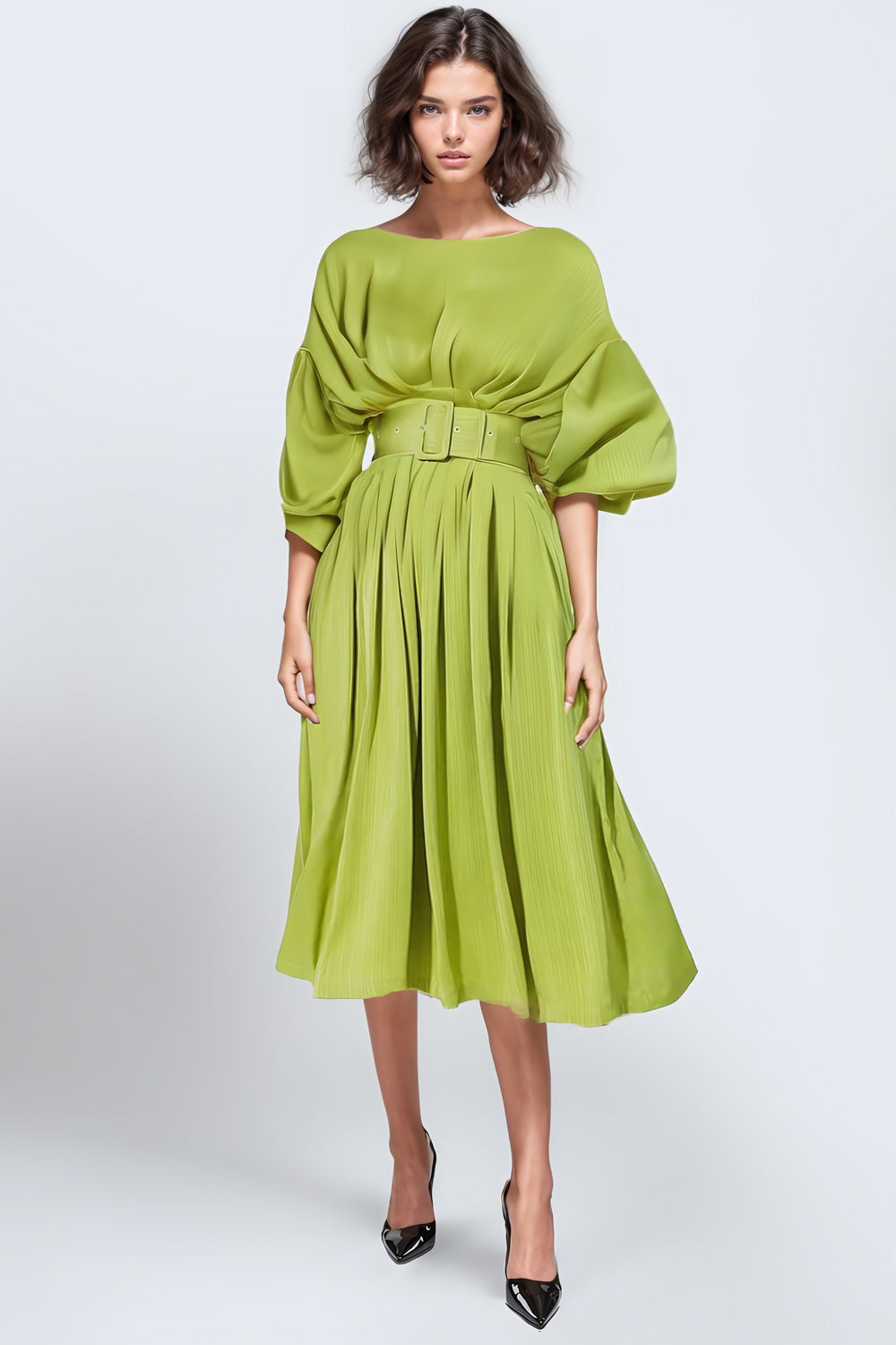 Pleated Midi Dress with Belt - Green