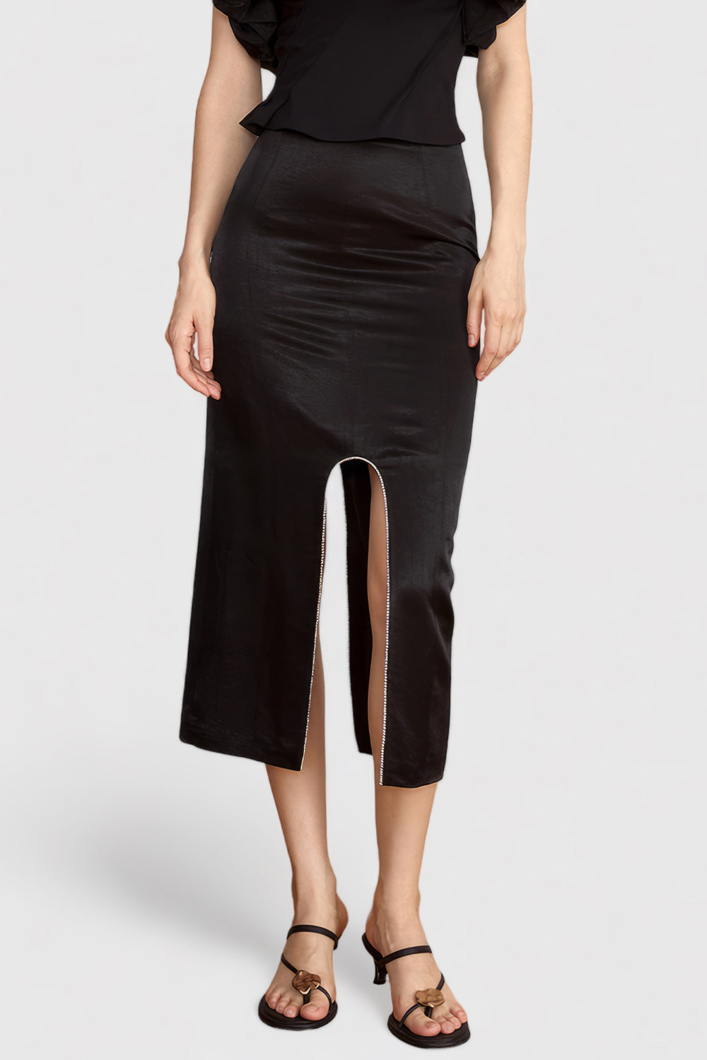Midi Skirt with Rounded Slit - Black