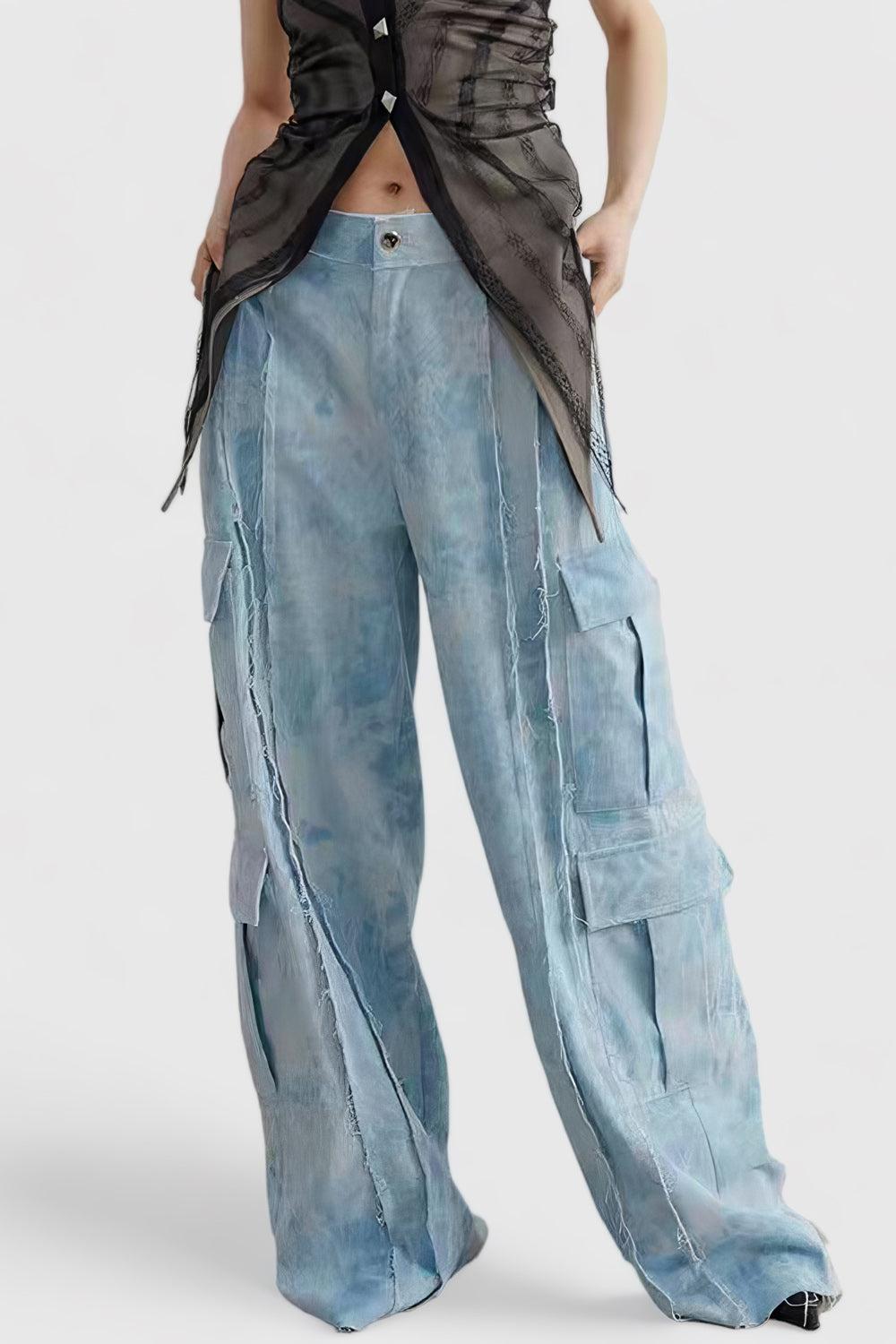 Wide Leg Jeans with Stitching - Blue
