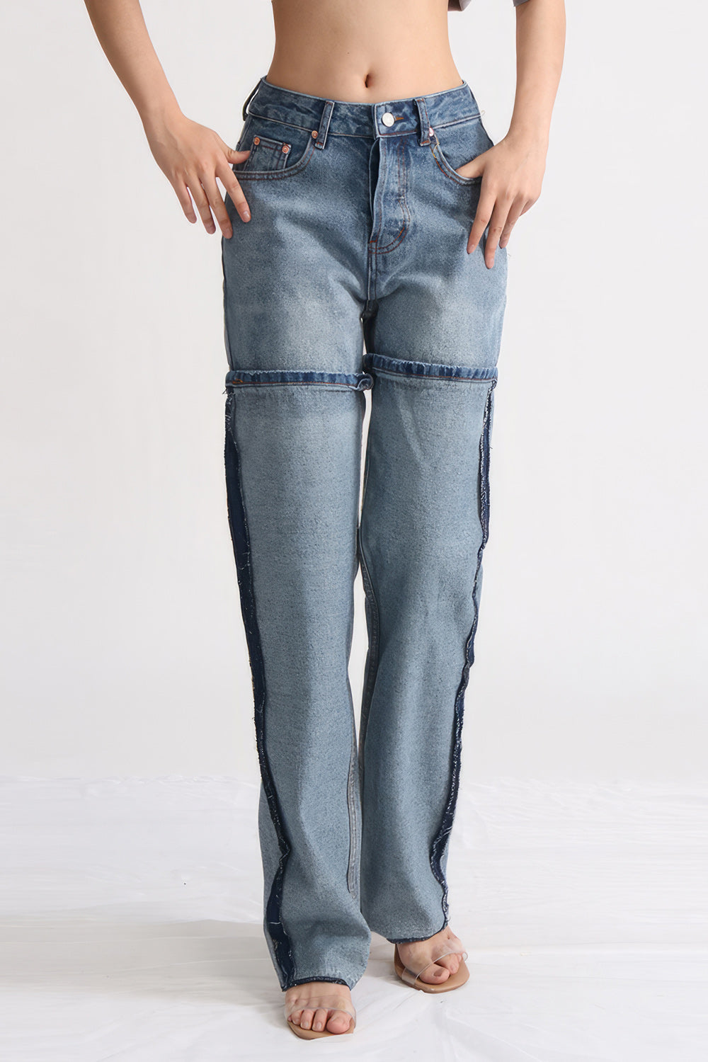 Calças de ganga de cintura alta com pormenores de costura - Azul