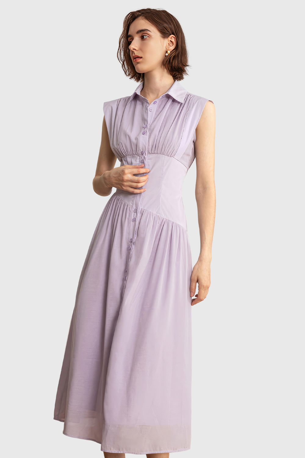 Buttoned Midi Dress With Long Sleeves - Purple