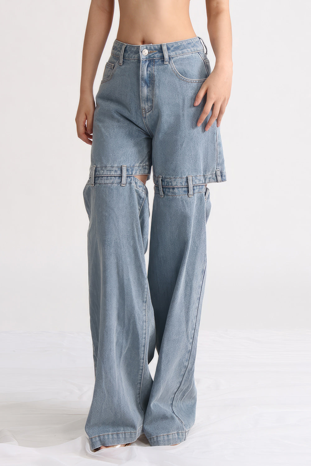 High Waisted Jeans with Back Cuts - Washed Blue