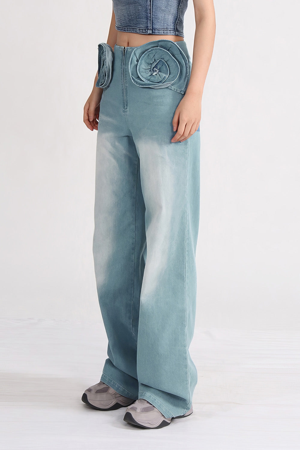 High Waisted Jeans with Flowers Attached - Blue