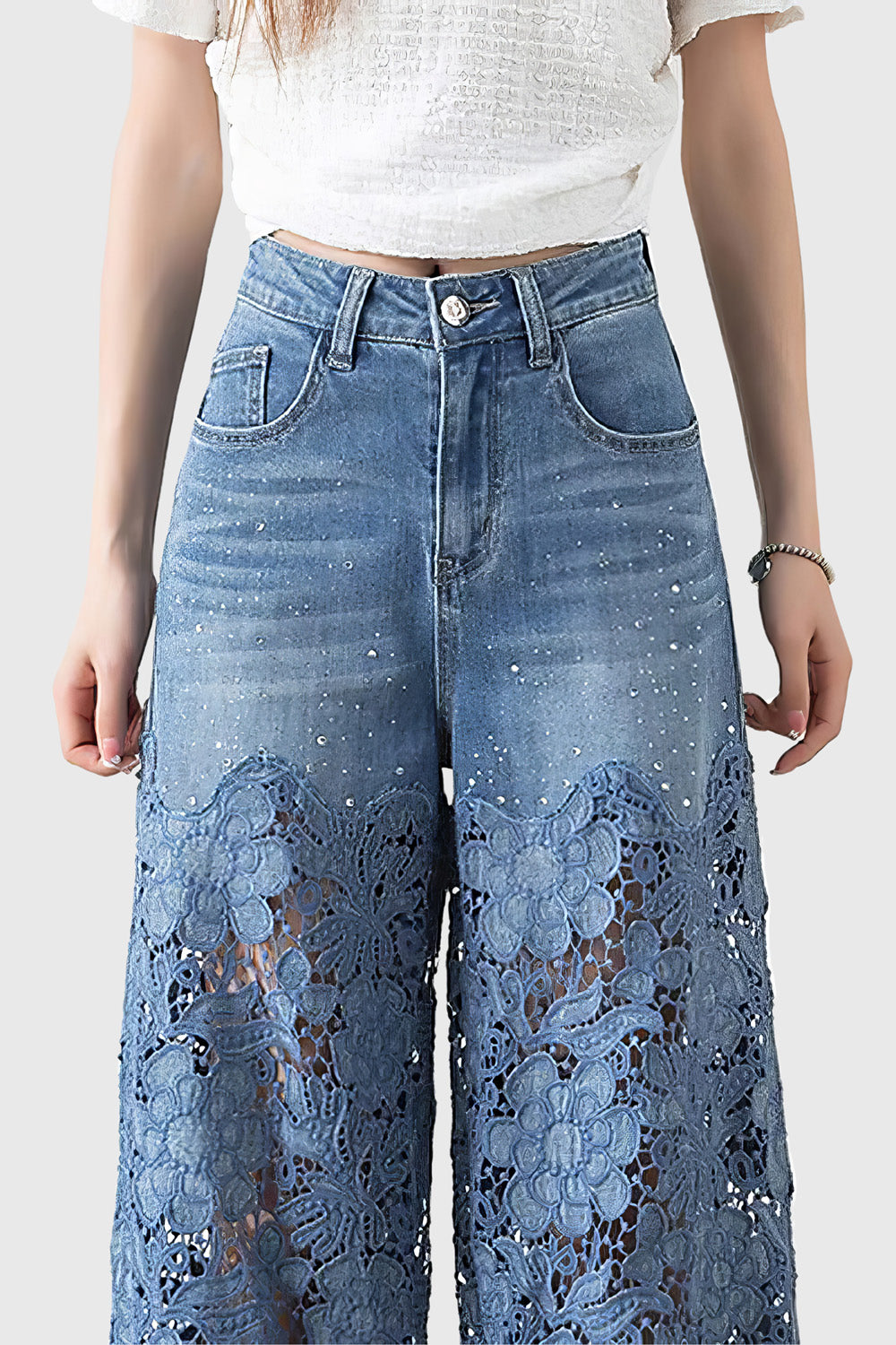 Wide Jeans with Lace Detail - Blue