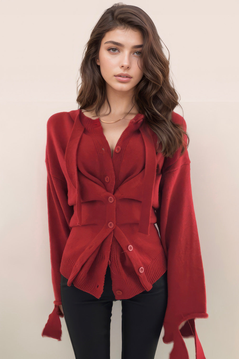 Buttoned Cardigan with Tailored Waist - Red