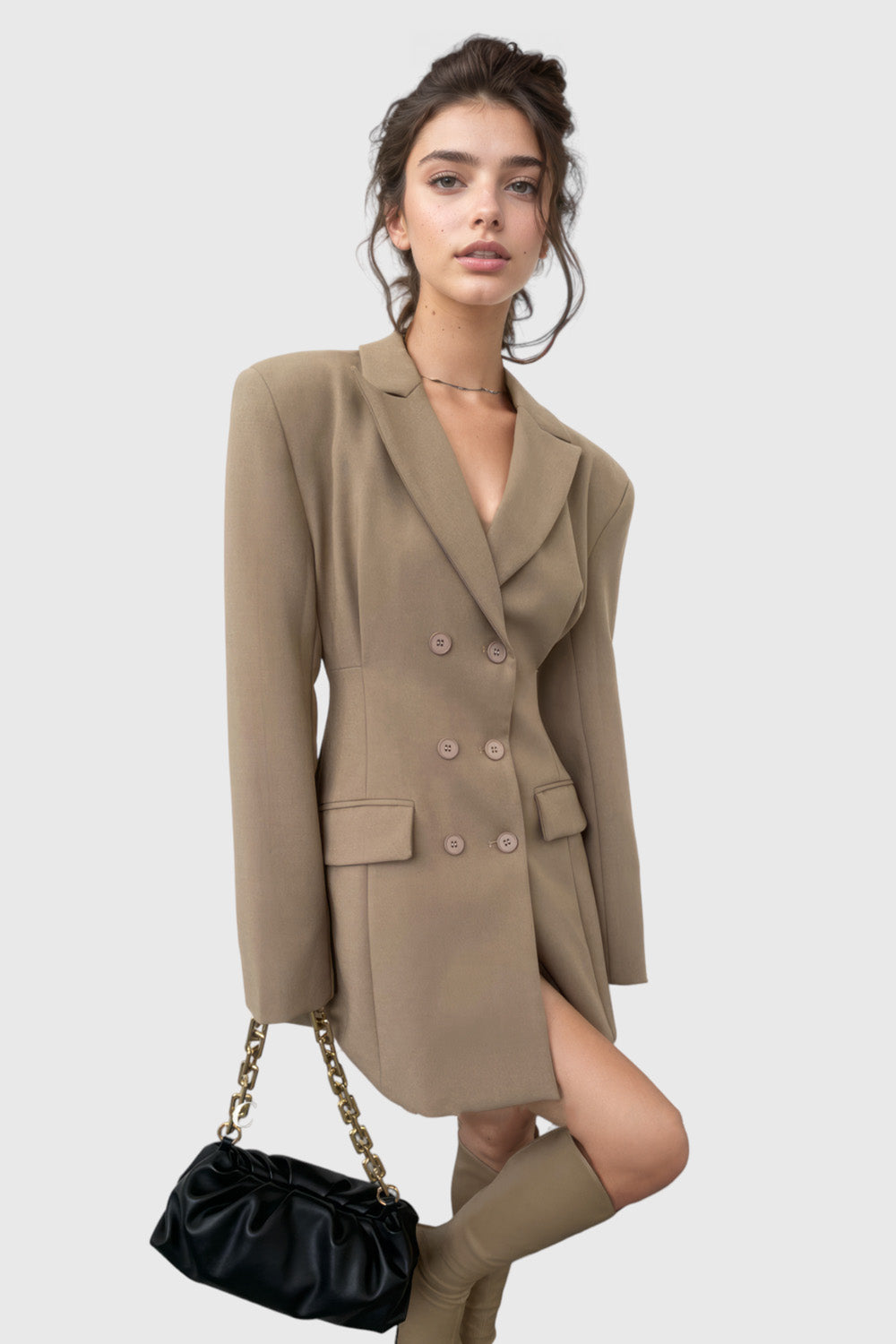Double Breasted Cambered Blazer Dress - Brown