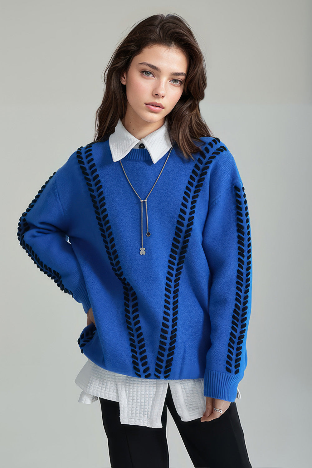 Embroidered Oversized Sweater - Blue
