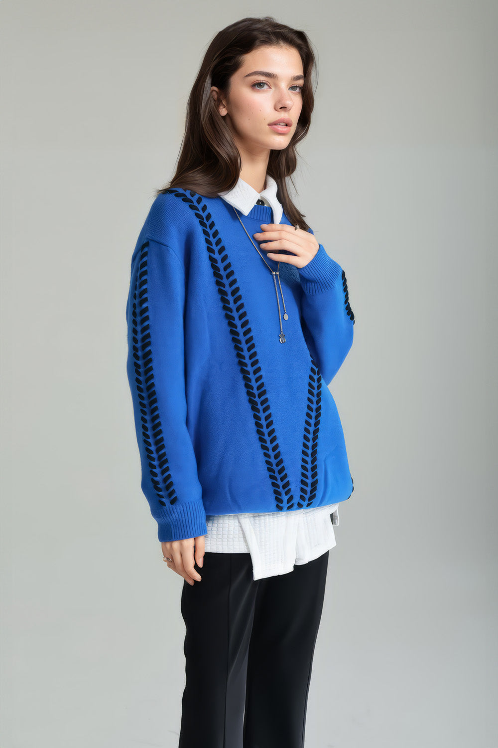 Embroidered Oversized Sweater - Blue