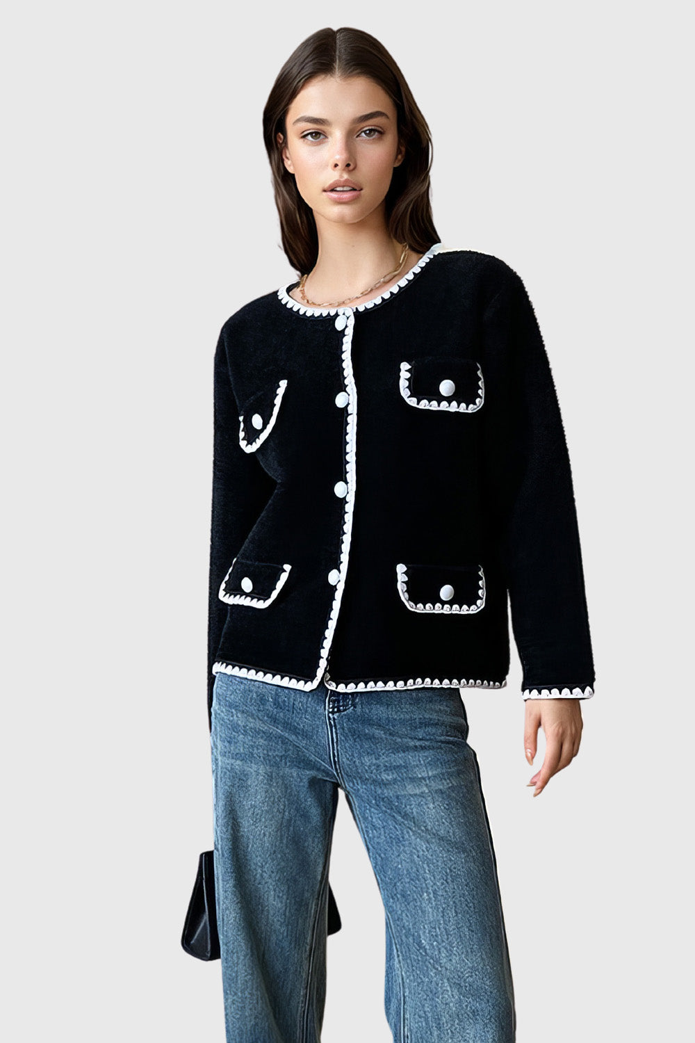 Embroidered Knitted Cardigan - Black