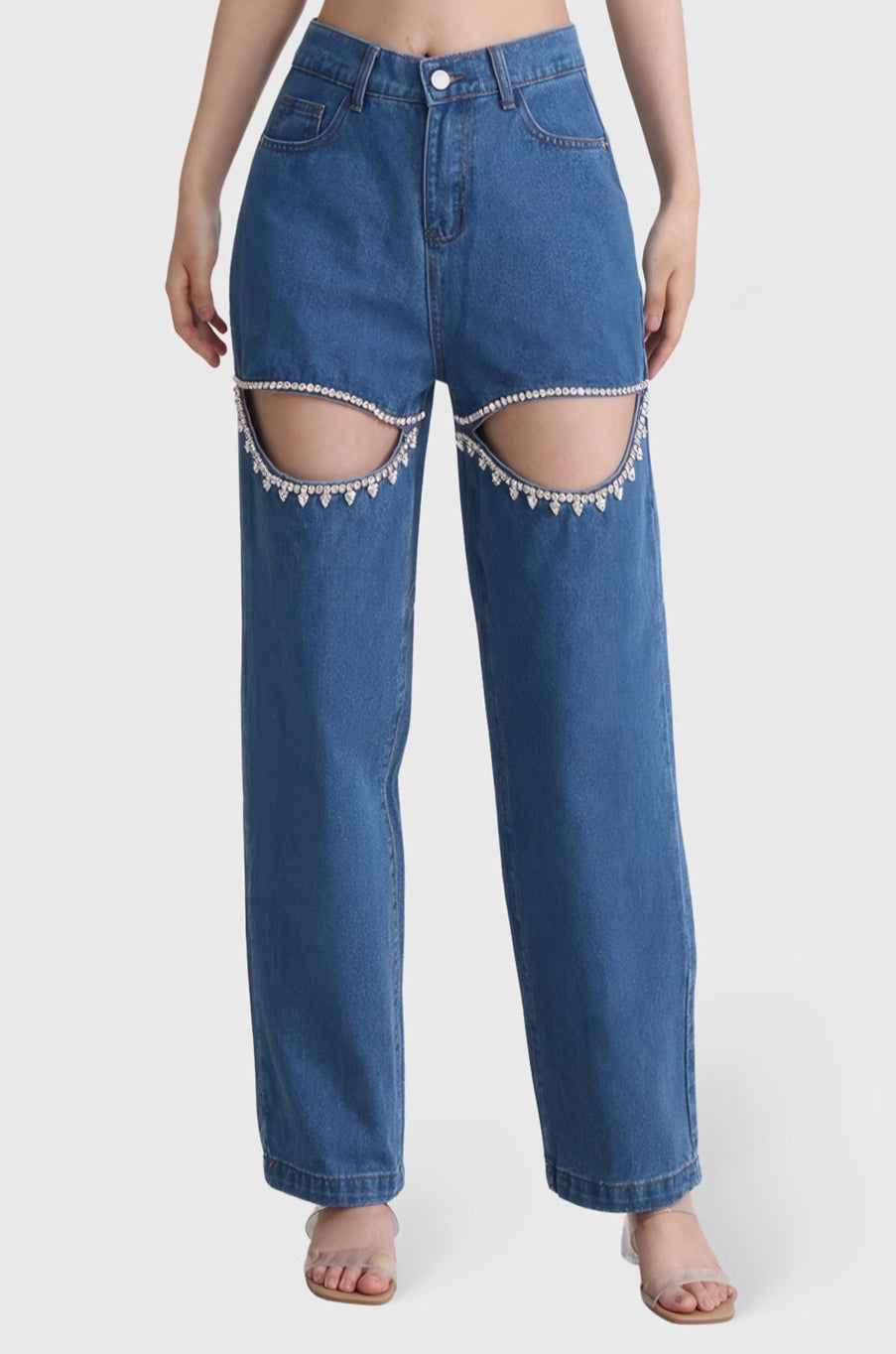 High Waisted Jeans with Cut Outs - Dark Blue