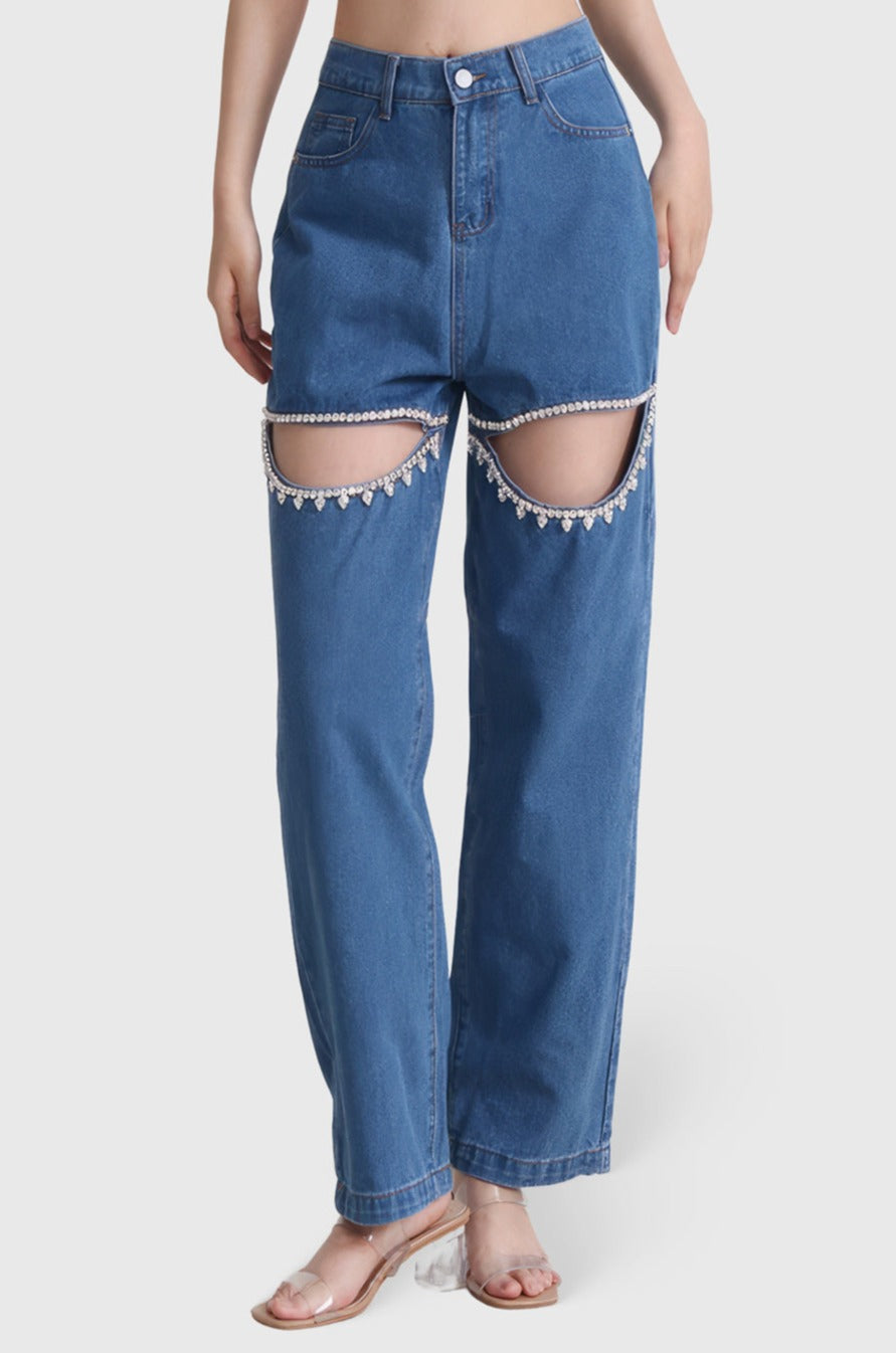 Calças de ganga de cintura alta com recortes - Azul escuro