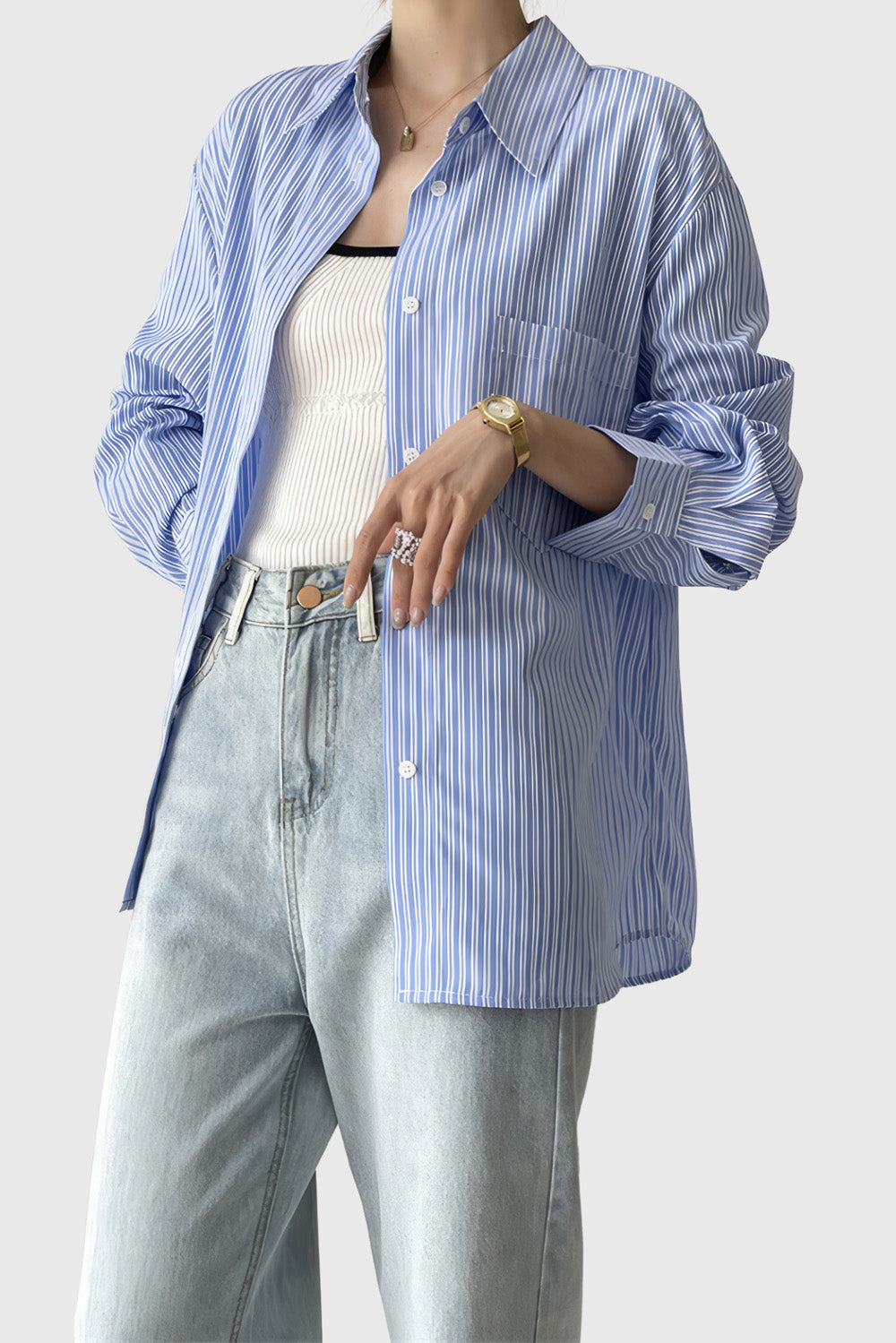 Oversizowa koszula w paski - Niebieski