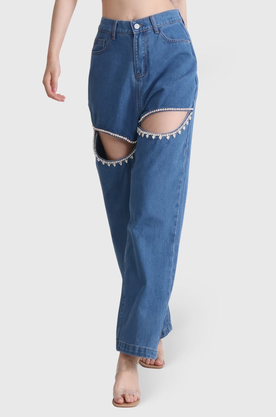 High Waisted Jeans with Cut Outs - Dark Blue