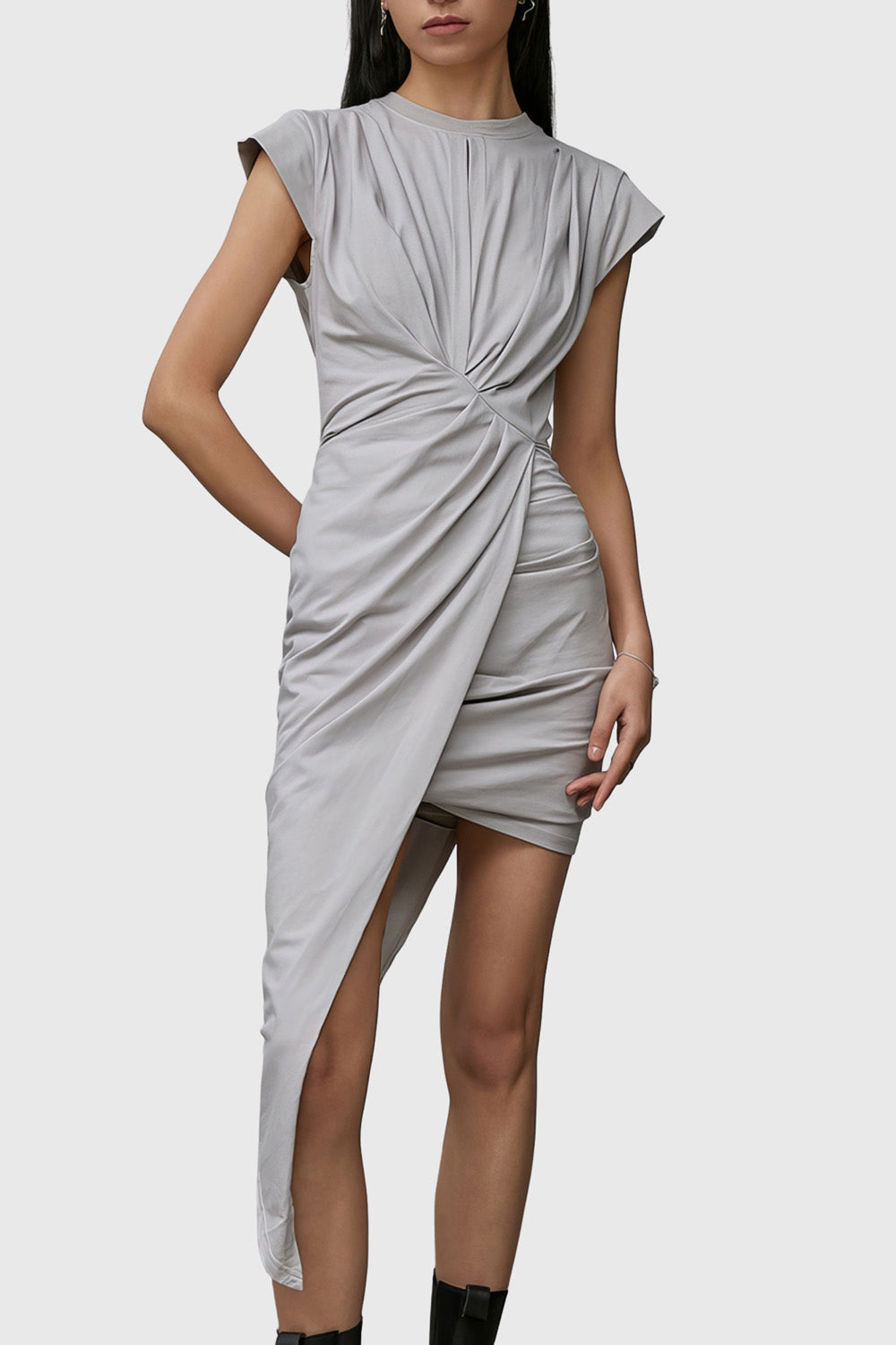 Irregular Dress with Short Sleeves - Grey