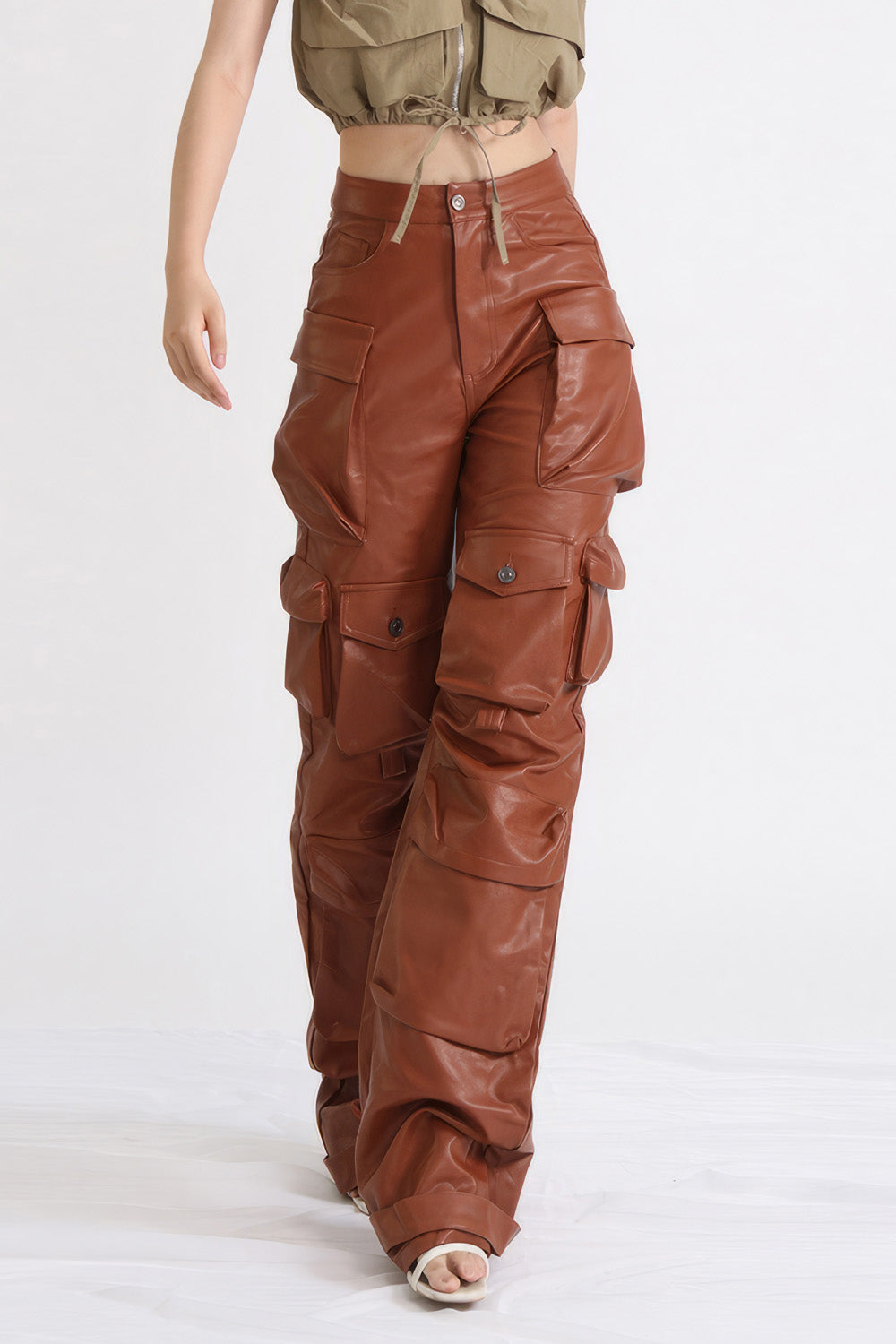 Leather Cargo Trousers - Brown