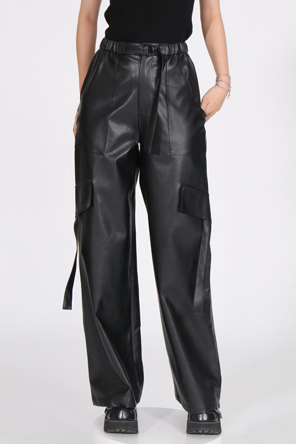 Wide Leather Trousers - Black