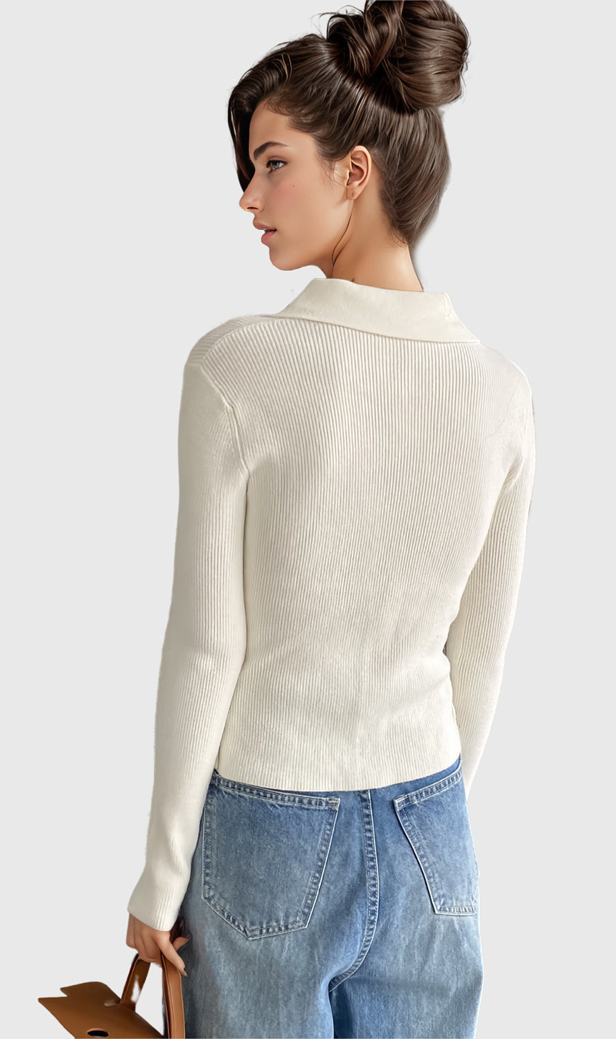 Knitted Top with Collar and Irregular Hem - White