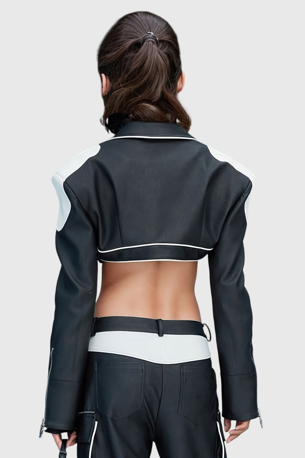 Long Sleeve Leather Jacket with Metal Buckle - Black