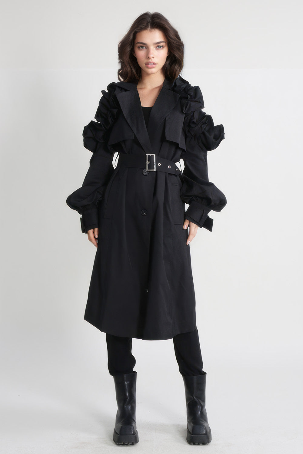 Single Breasted Trenchcoat with Sleeve Details - Black