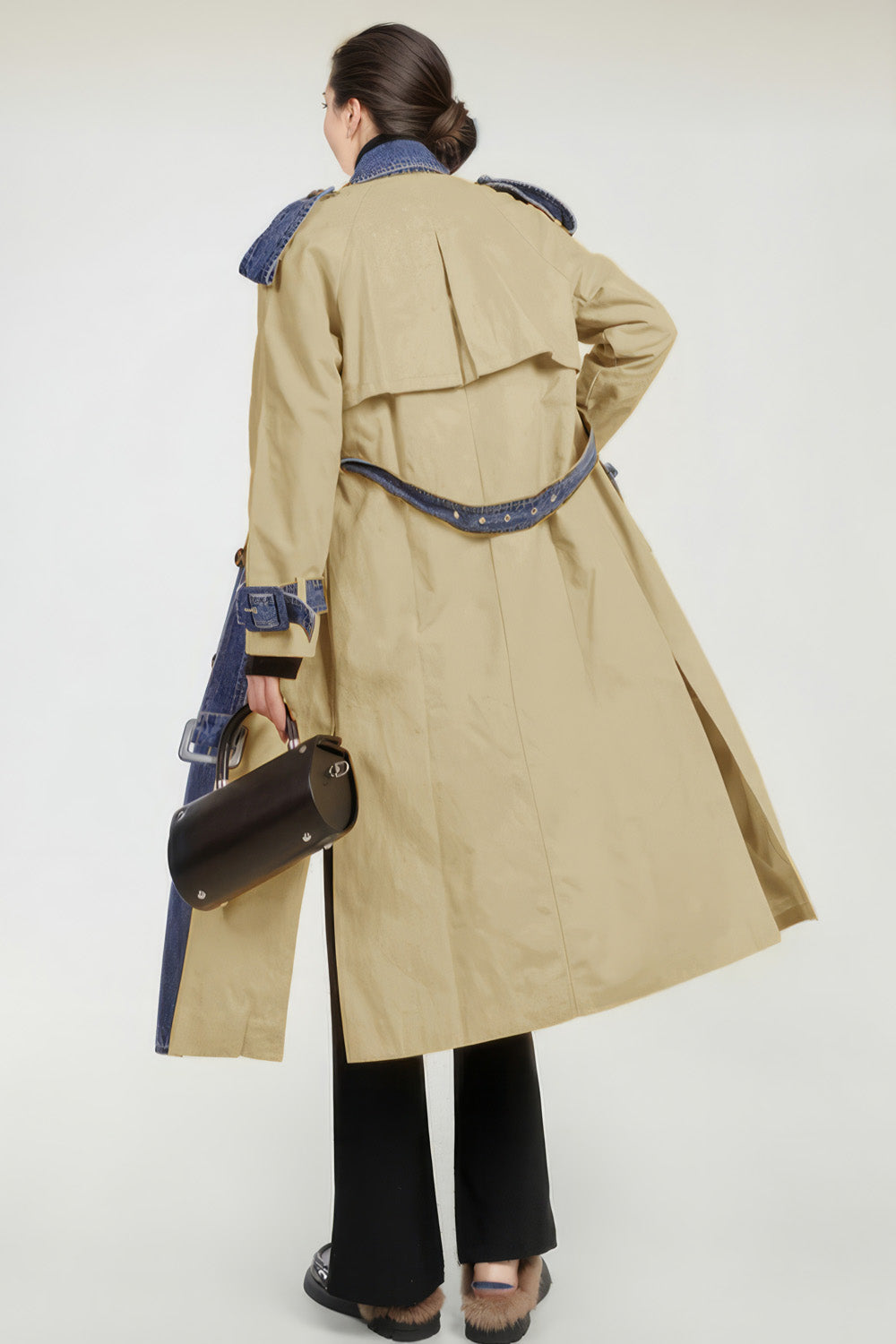 Double Breasted Trenchcoat with Denim Inserts - Brown