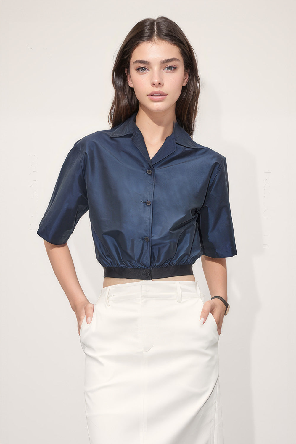 Short Sleeve Shirt with Elastic Hem - Blue