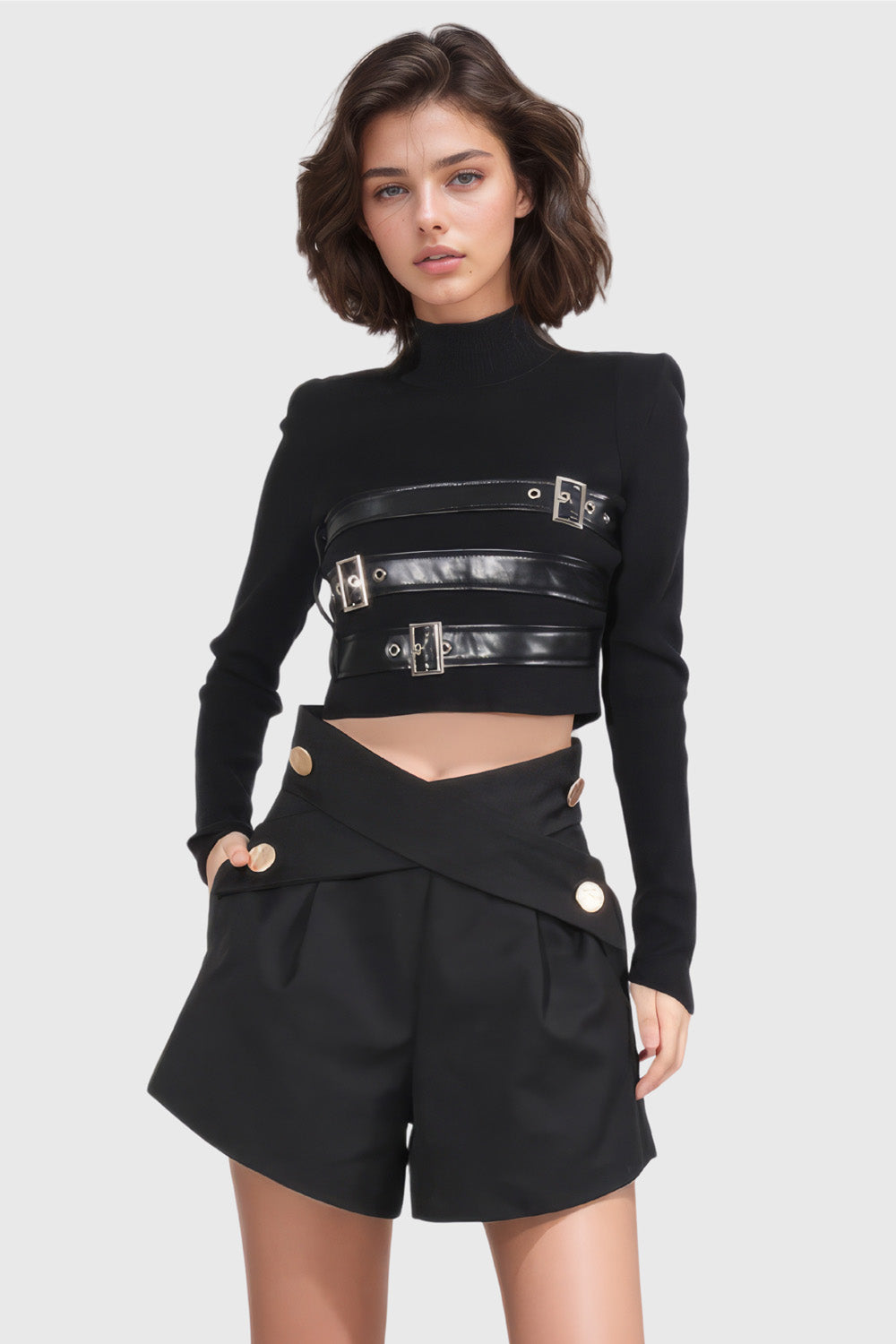 Cropped Top with Leather Belts - Black