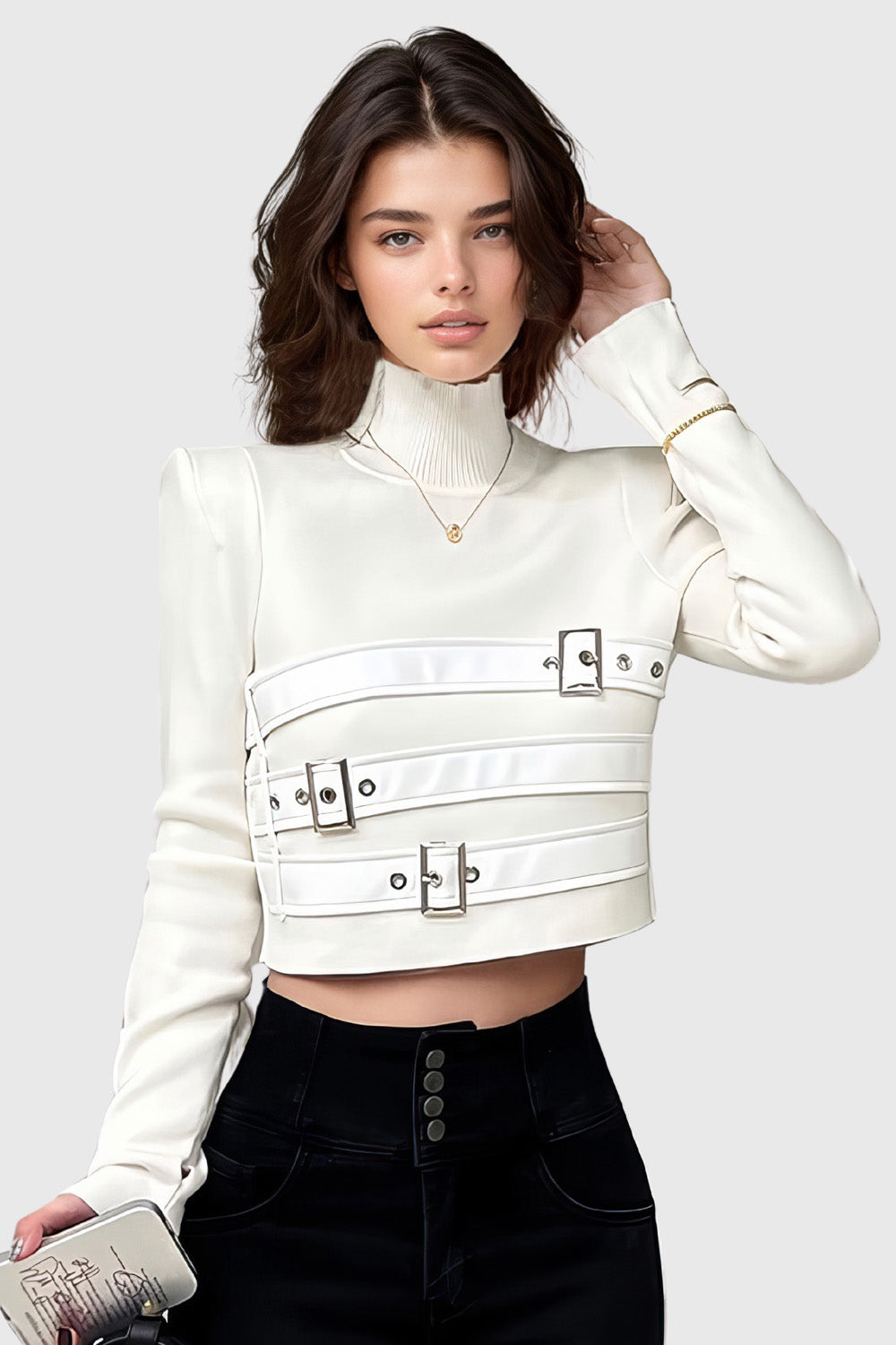 Cropped Top with Leather Belts - White